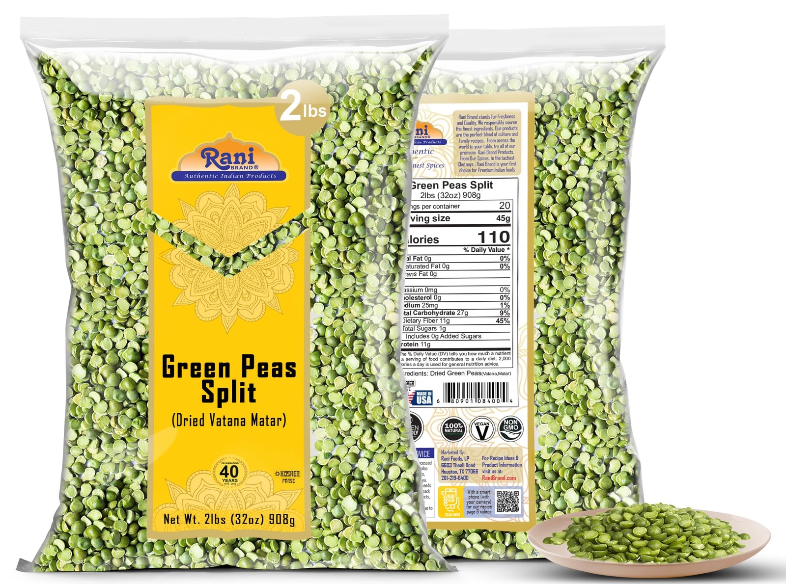 Rani Green Peas Split, Dried (Vatana, Matar) 32oz (2lbs) 907g