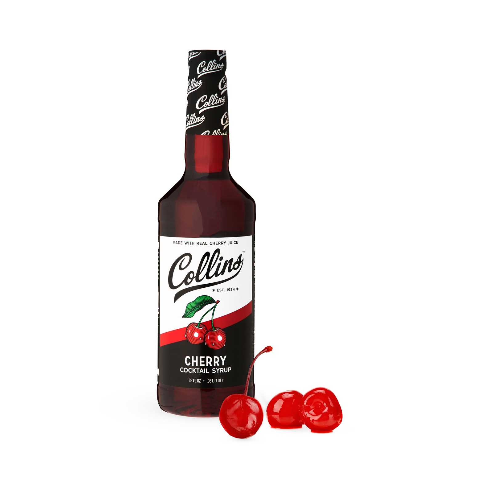 Collins Cherry Syrup with Real Sugar, Maraschino 32 Fl Oz (Pack of 1), Black