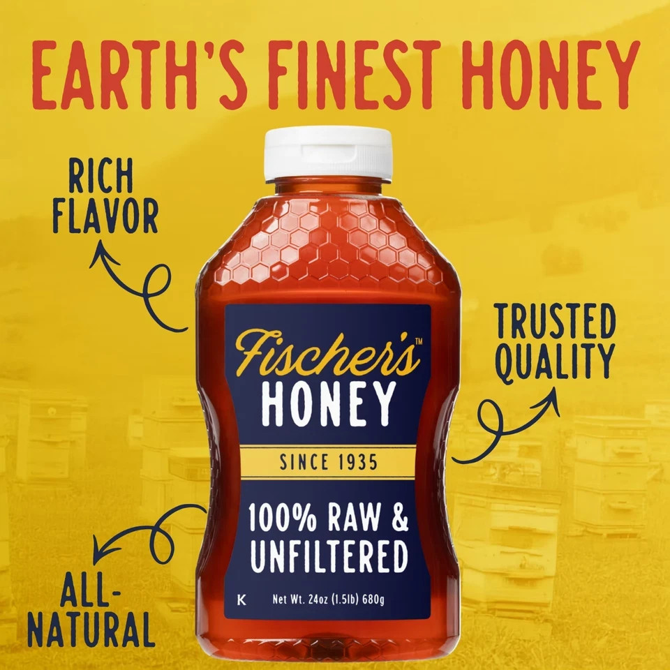 vNew Fischers Honey, 24oz Raw and Unfiltered, Local 100% US Grade Squeeze Bottle