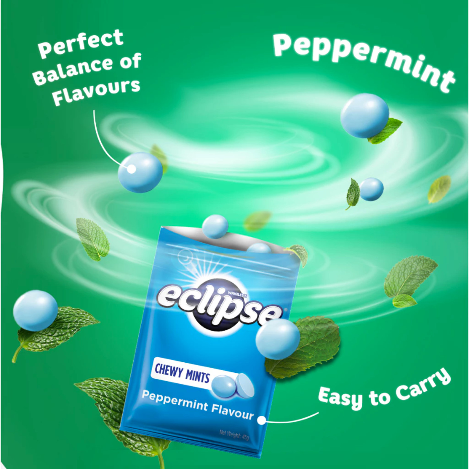 5 Pack x 45g New Chewy Mints Wrigleys Eclipse Peppermint Powerful Refresh Breath
