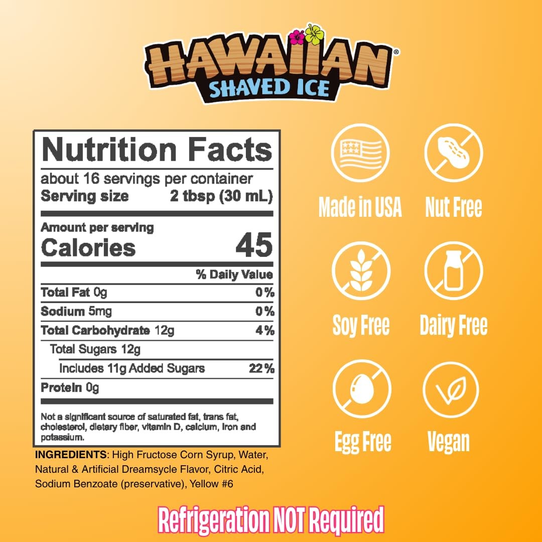 Hawaiian Shaved Ice Dreamsycle Syrup – Nut Soy 16 Fl Oz (Pack of 1), Orange