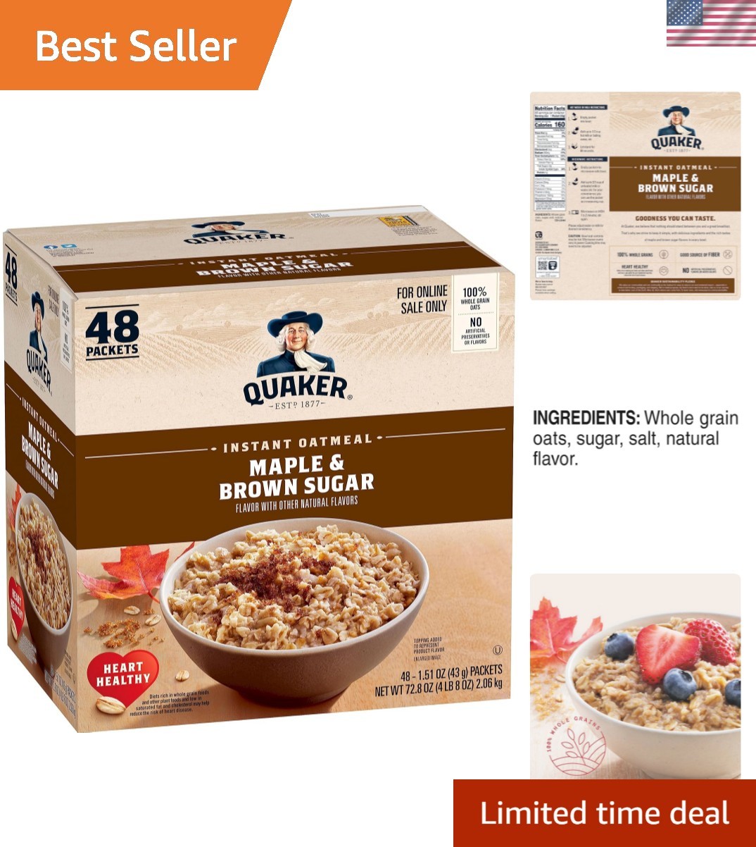 Healthy Quaker Instant Oatmeal – Maple & Brown Sugar, 72.48 oz Total, 48 Packets