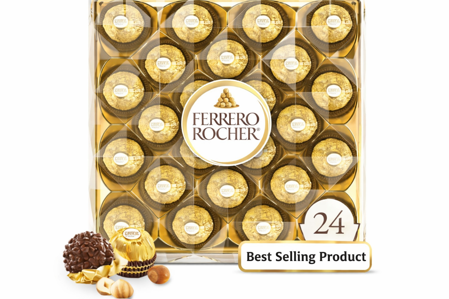 Ferrero Rocher Gourmet Hazelnut Milk Chocolate Gift Box, 24 Individually Wrapped