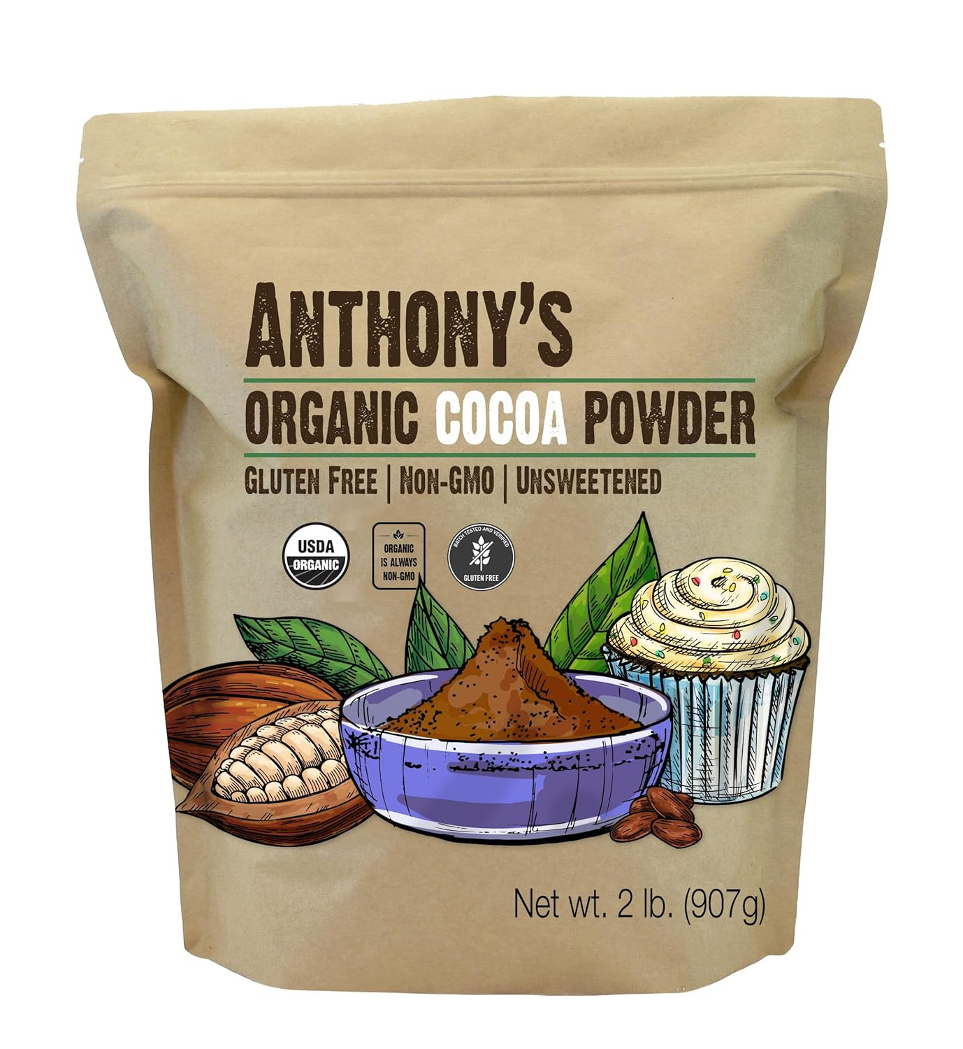 Anthony’S Organic Cocoa Powder, 2 Lb, Gluten Free, Non GMO, Unsweetened