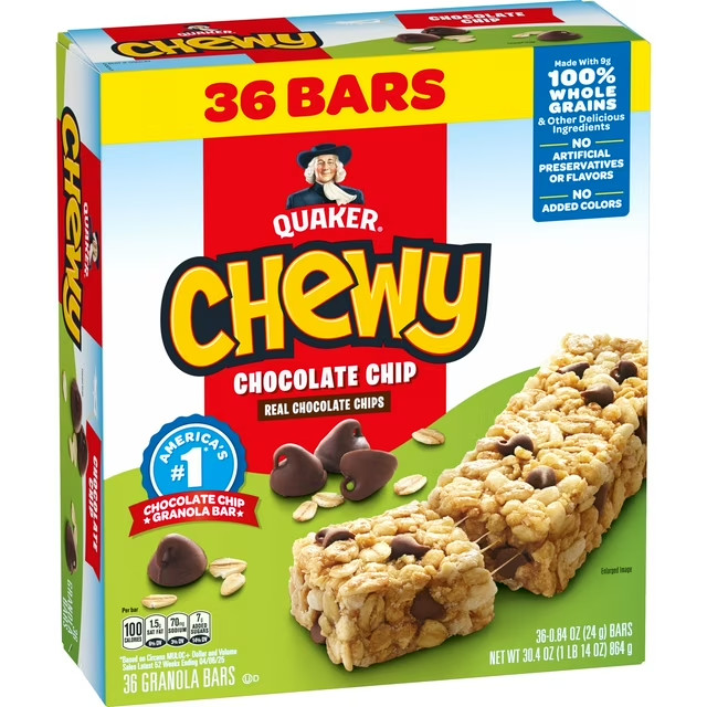 Quaker Chewy Granola Bars, Chocolate Chip Flavor, 0.84 oz, 36 Count FRESH