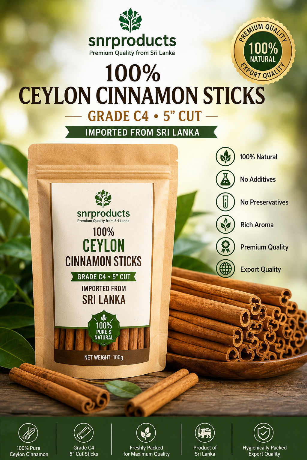 100% Ceylon Cinnamon Sticks Grade C4 5″ Cut Imported From Sri Lanka