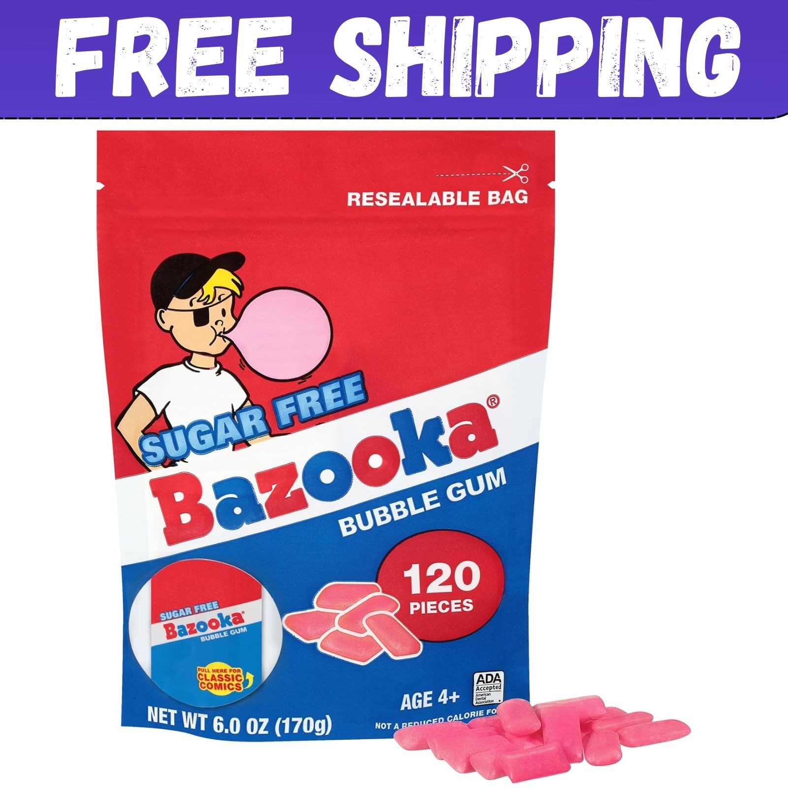 Bazooka Sugar-Free Bubble Gum Pellets Bag – 120 Count Bulk Gum, Original Flavor