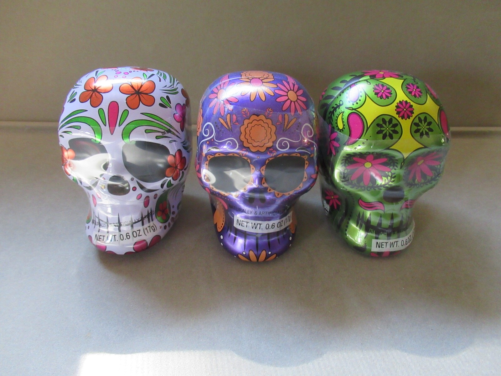 Set Of 3 Colorful Day of The Dead Skull Tins w/ Smarties Candy Inside~New!