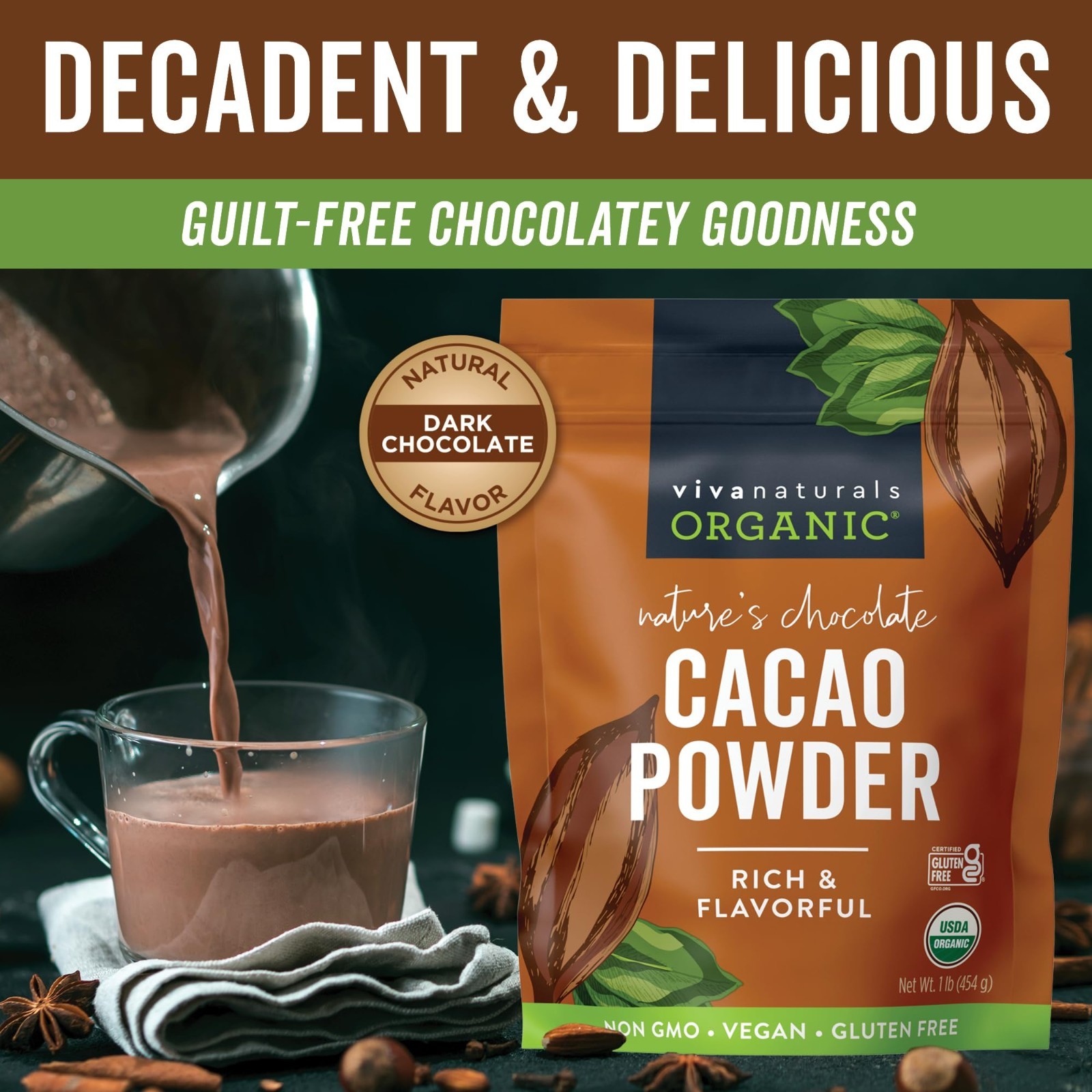 Organic Unsweetened Cacao Powder 1 lb – Rich Dark Chocolate for Baking, Smoothie