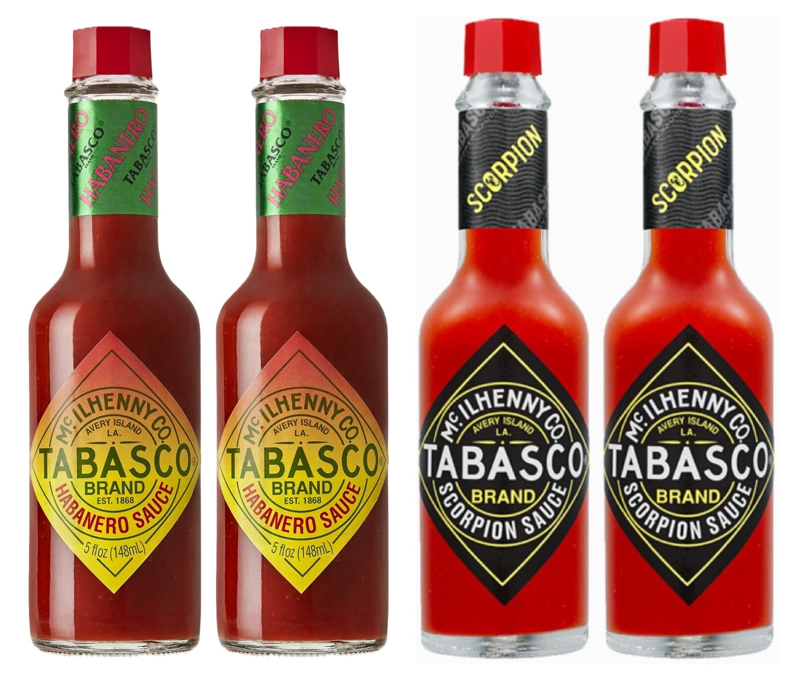 4-PACK Tabasco Variety Spicy Pepper Sauce 5 oz, 2 scorpion & 2 habanero sauces