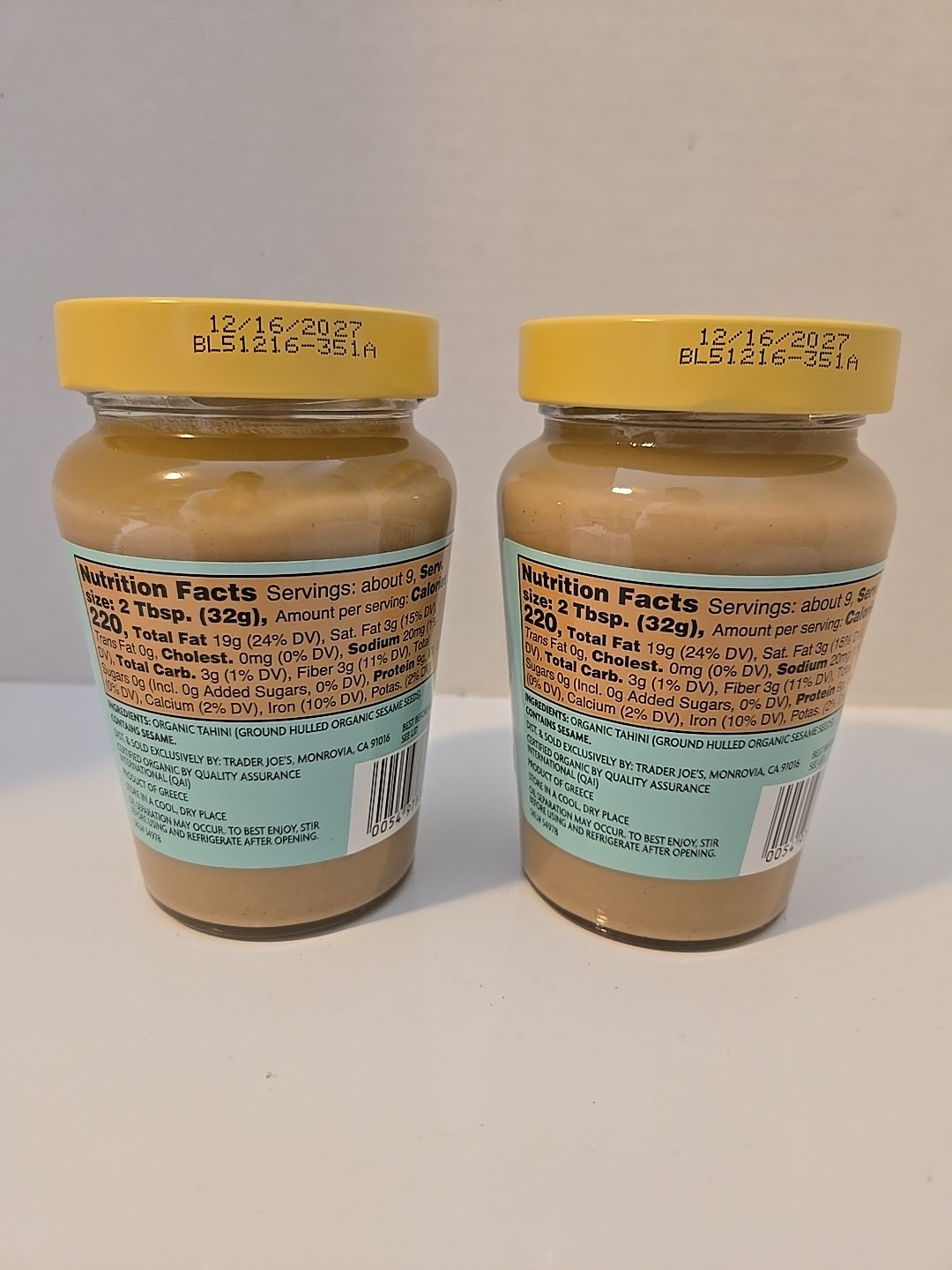2 Jars Trader Joe’s Organic Tahini Nut Butter, 10.6 oz / 300 g Jar