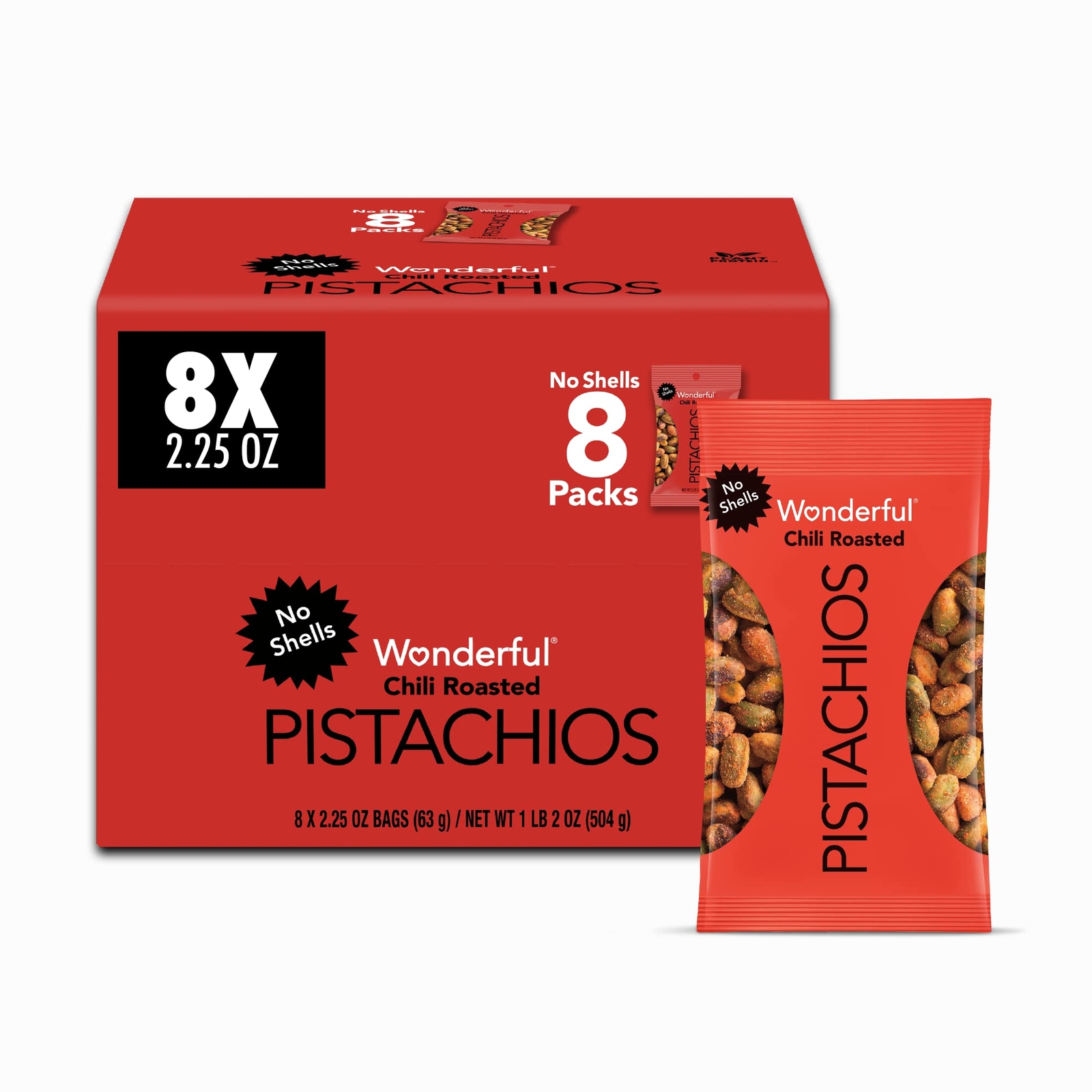 Chili Roasted No Shells Wonderful Pistachios 2.25 Ounce Pack of 8 Bags