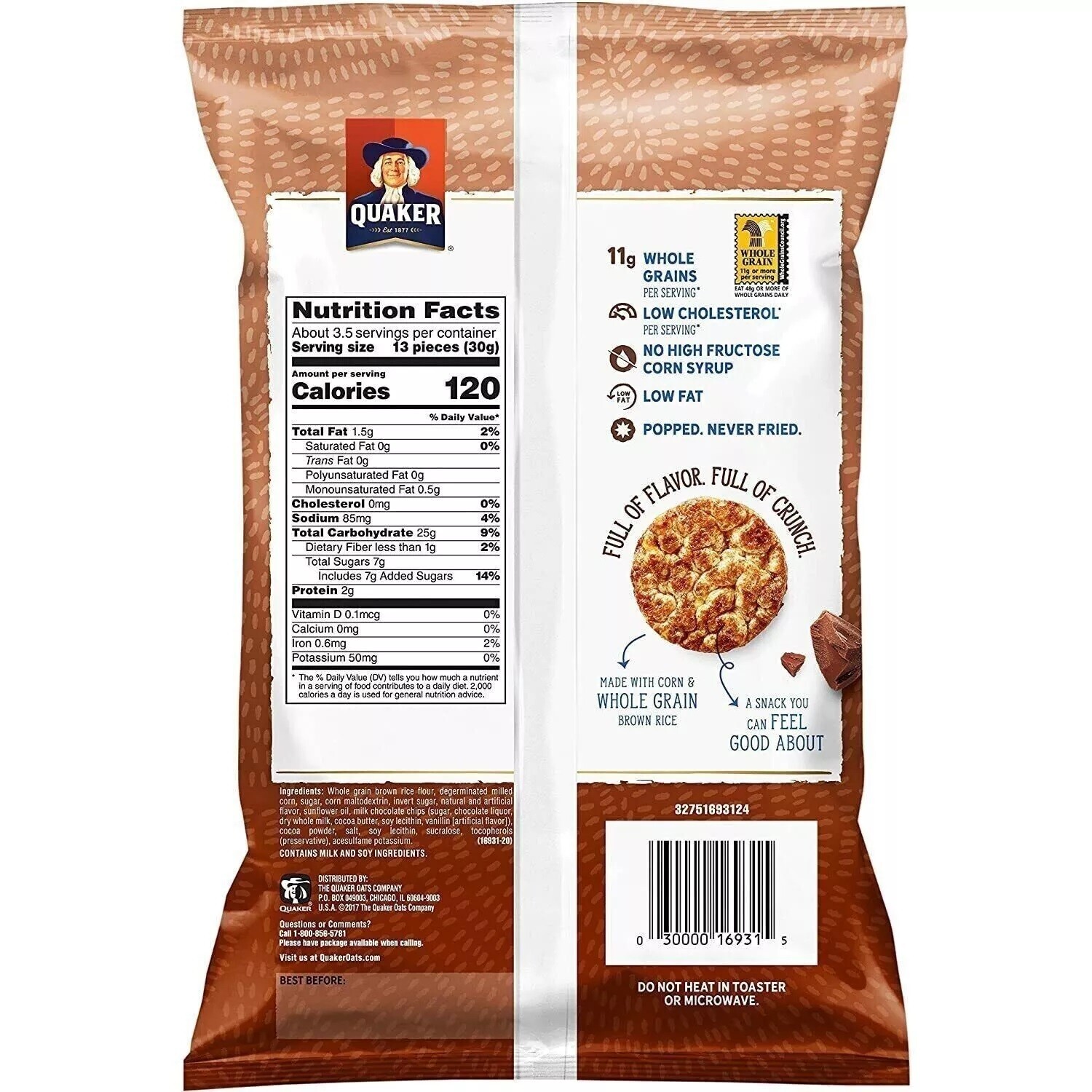 Quaker Rice Crisps Chocolate Popped Light Crispy Crunchy Chips 3.5oz 4 Bags