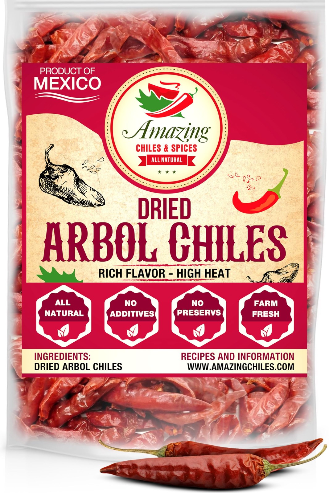 Chile De Arbol 1LB (16oz) – Dried Whole Red Chili Peppers, Premium 16 Ounce