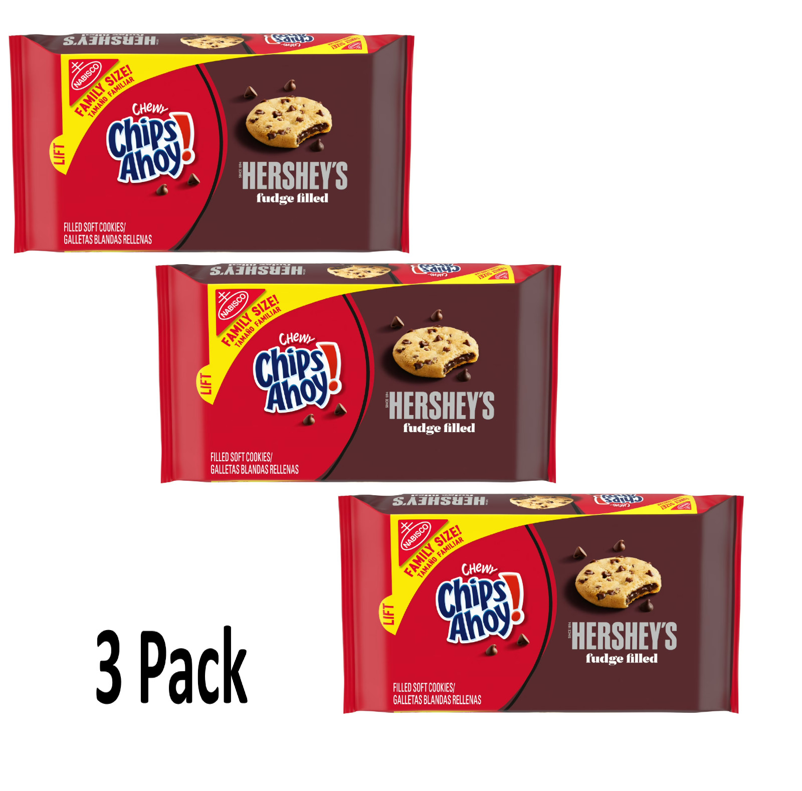 Chips Ahoy Chewy Cookies Hershey’s Fudge Filled 14.85 oz Family Size ( 3 Pack)
