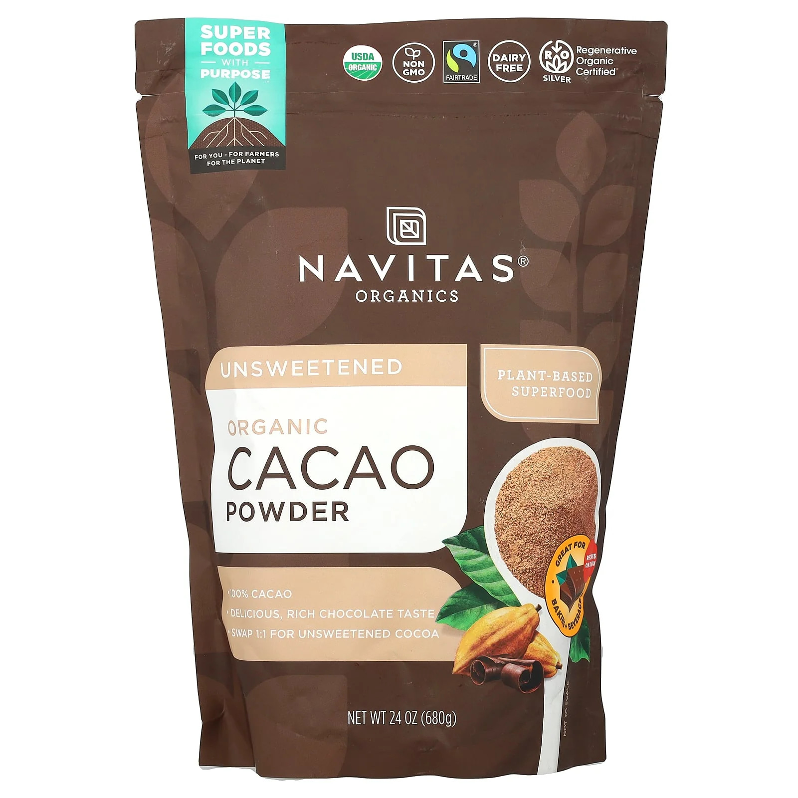 2 X Navitas Organics, Organic Cacao Powder, Unsweetened, 24 oz (680 g)