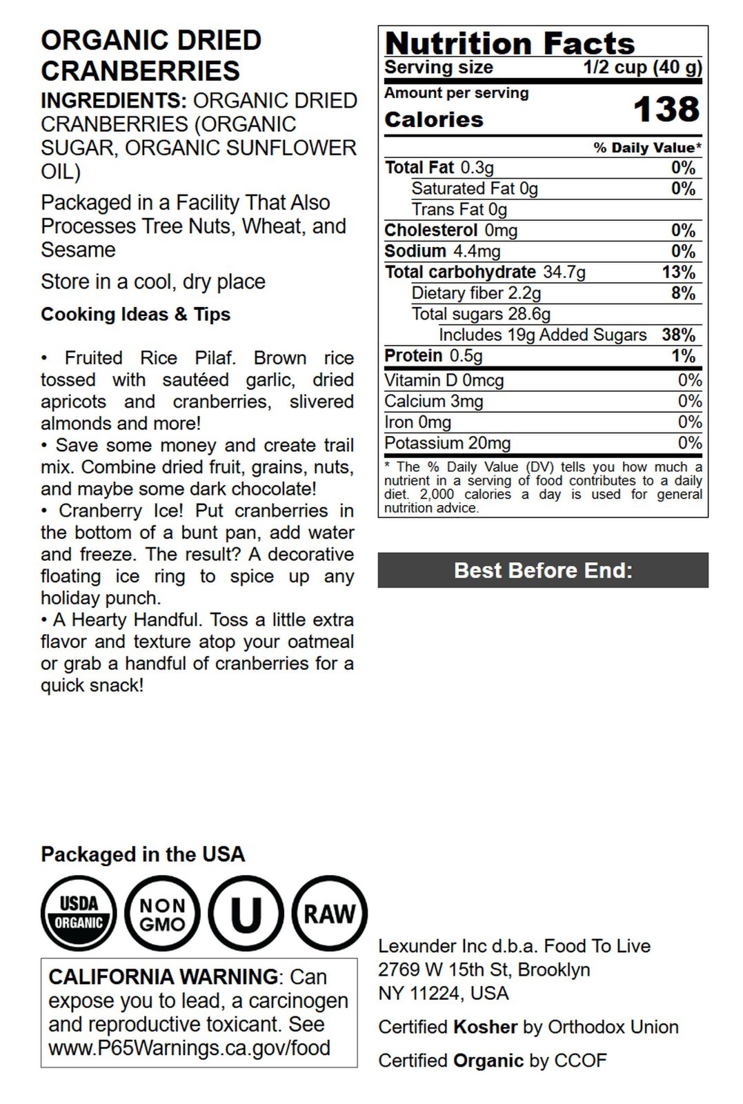 Organic Dried Cranberries – Non-GMO, Kosher, Raw, Vegan – by Food To Live