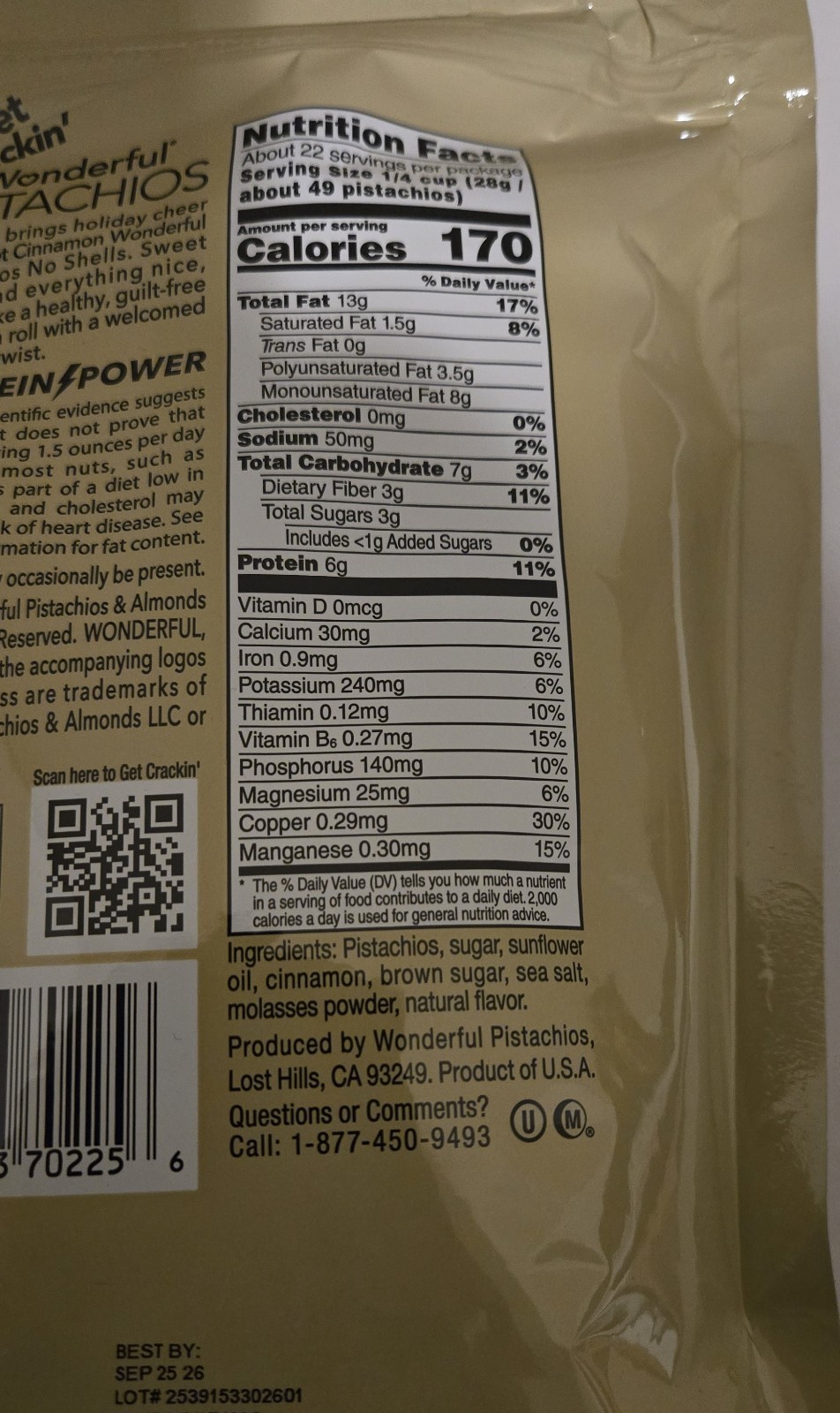 Wonderful Pistachios Sweet Cinnamon Limited Edition No Shells 22 Oz Exp 09/2026