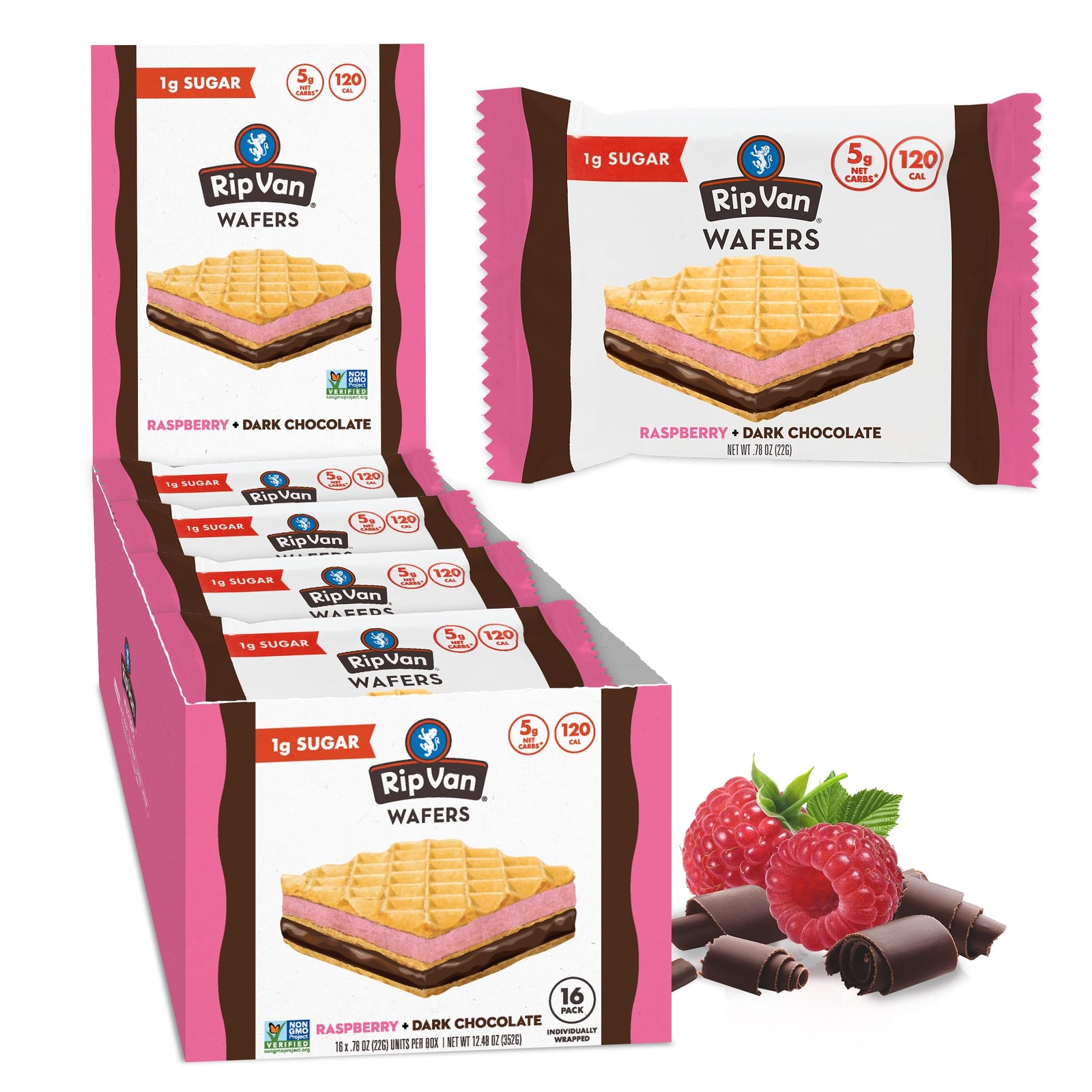 Rip Van Raspberry Dark Chocolate Keto Wafer Cookies Low Sugar Vegan 16 Ct