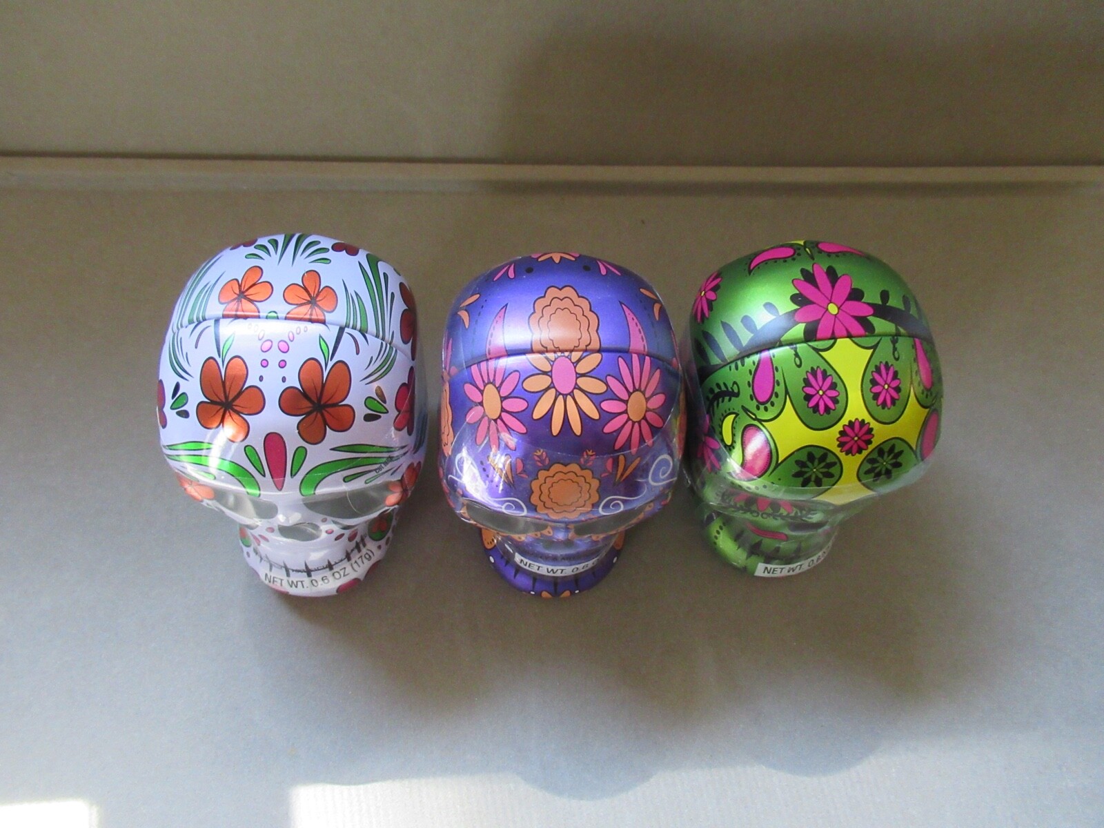 Set Of 3 Colorful Day of The Dead Skull Tins w/ Smarties Candy Inside~New!