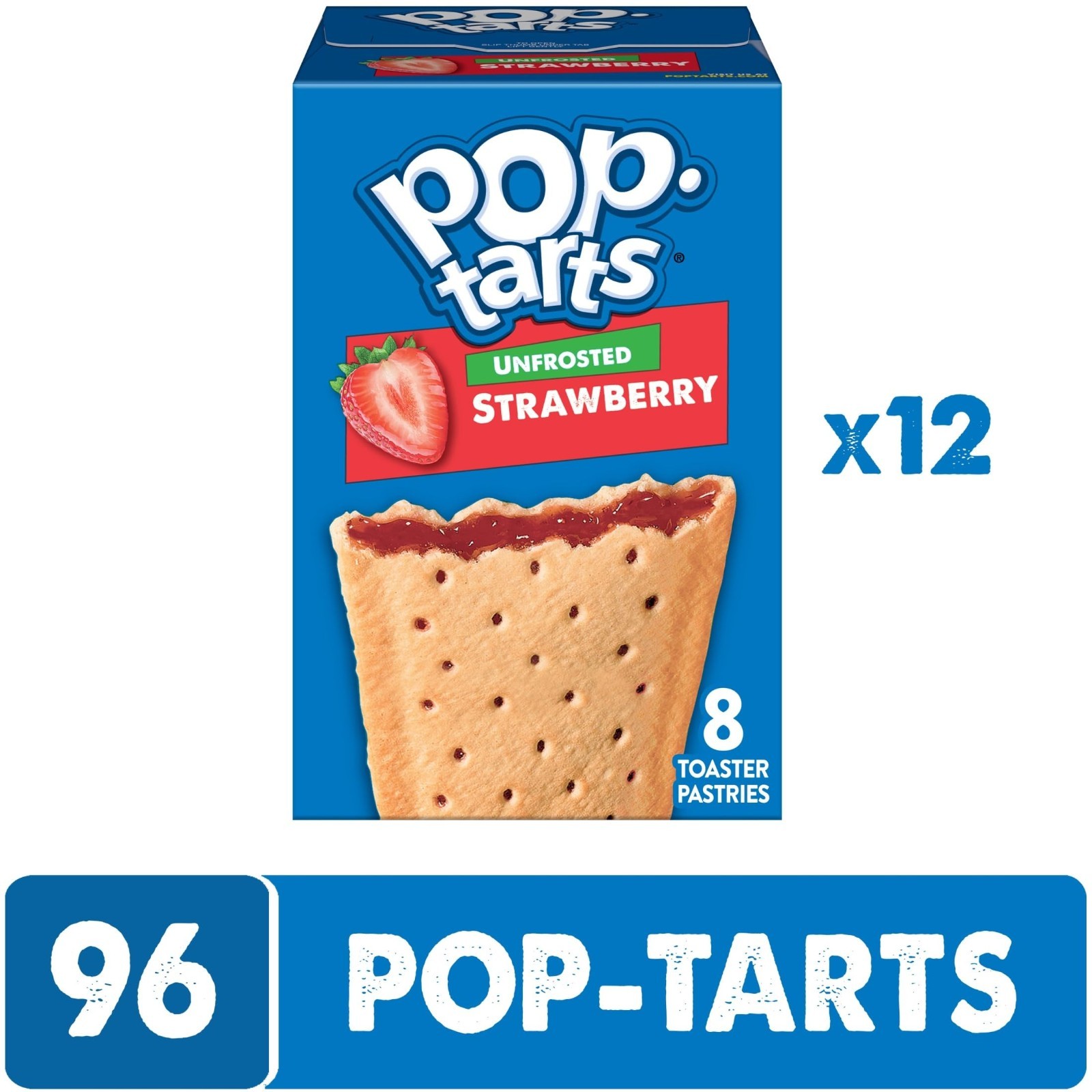 Unfrosted Strawberry Pop-Tarts – 12 Boxes, 96 Toaster Pastries, Kids Breakfast S