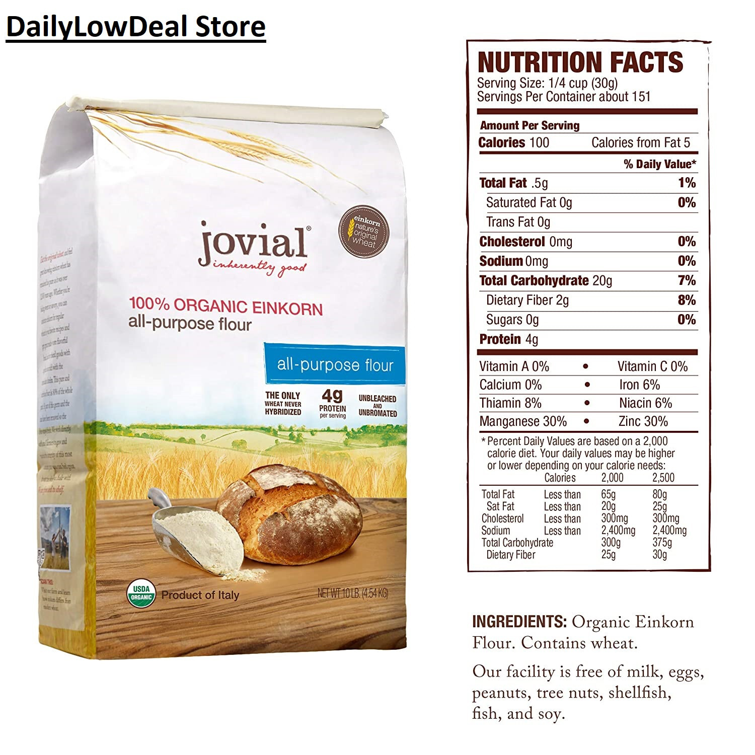 2 PACK – Jovial 100% Organic Einkorn All-Purpose Flour, 10 lbs (Total 20 lbs)
