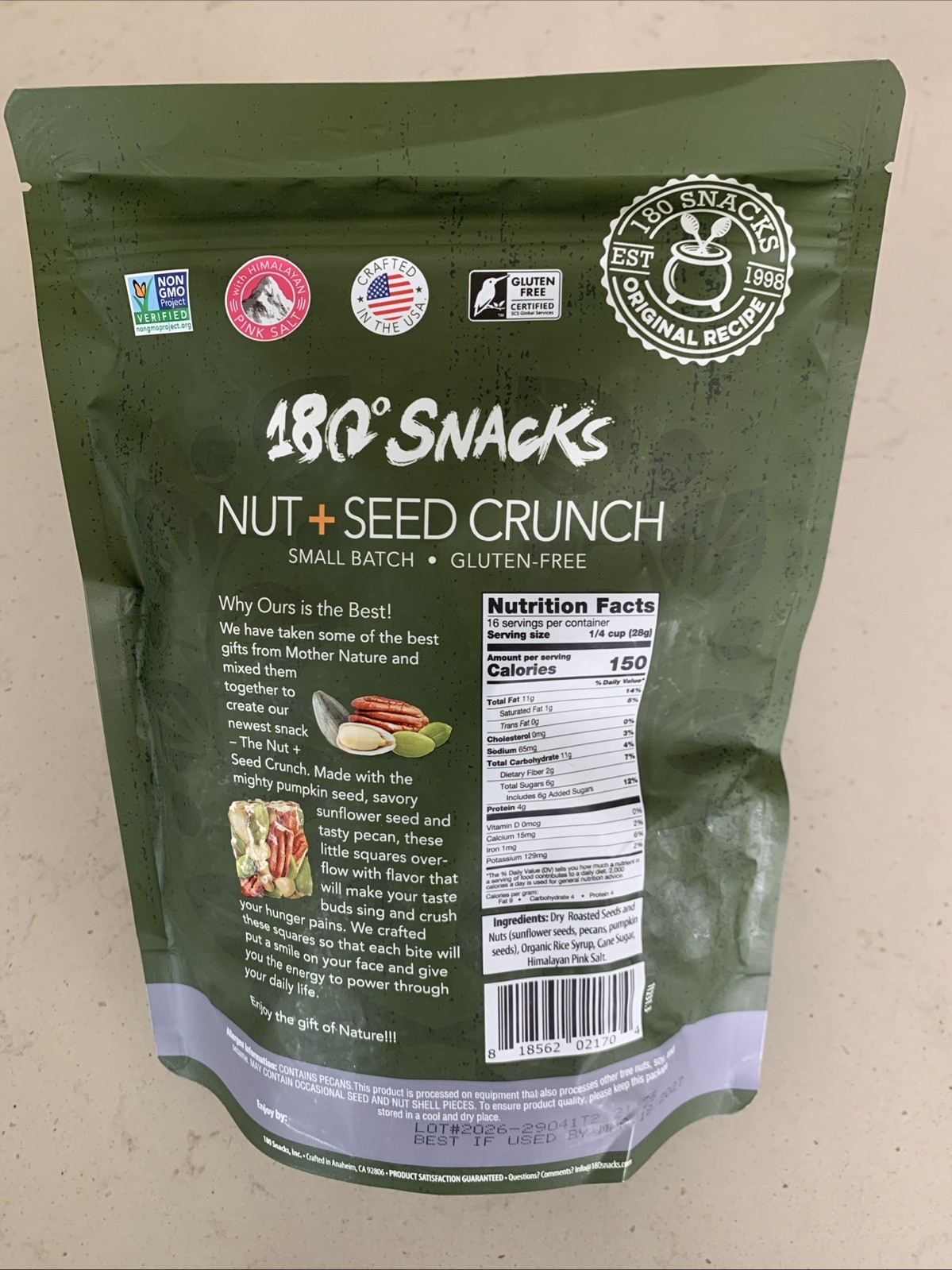180 Snacks Nut + Seed Crunch, Sunflower Seeds, Pecans, Pumpkin Seeds 16 Oz Bag