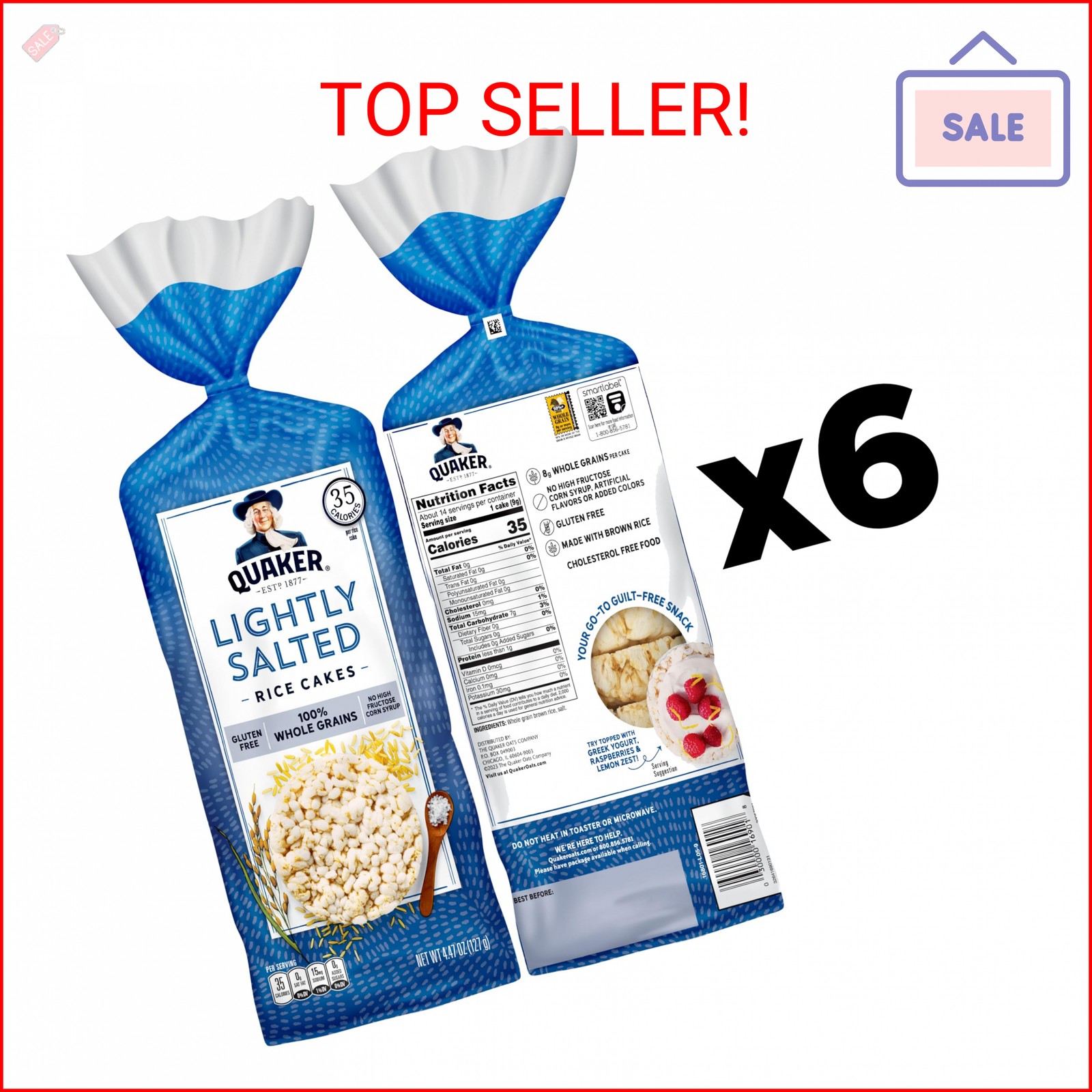 Quaker Large Rice Cakes, Lightly Salted, Gluten Free, 100% Whole Grains, 4.47 Oz