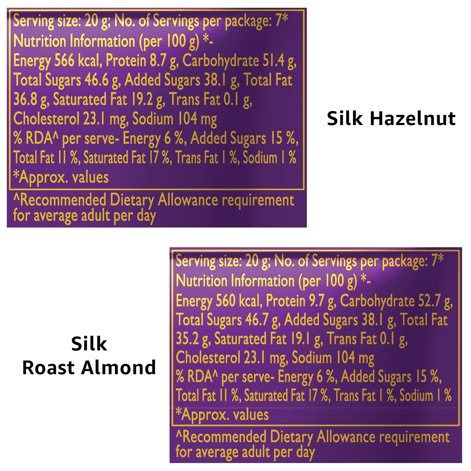 Cadbury Dairy Milk Silk Hazelnut 143G & Silk Roast Almond 143G (Pack of 2) each
