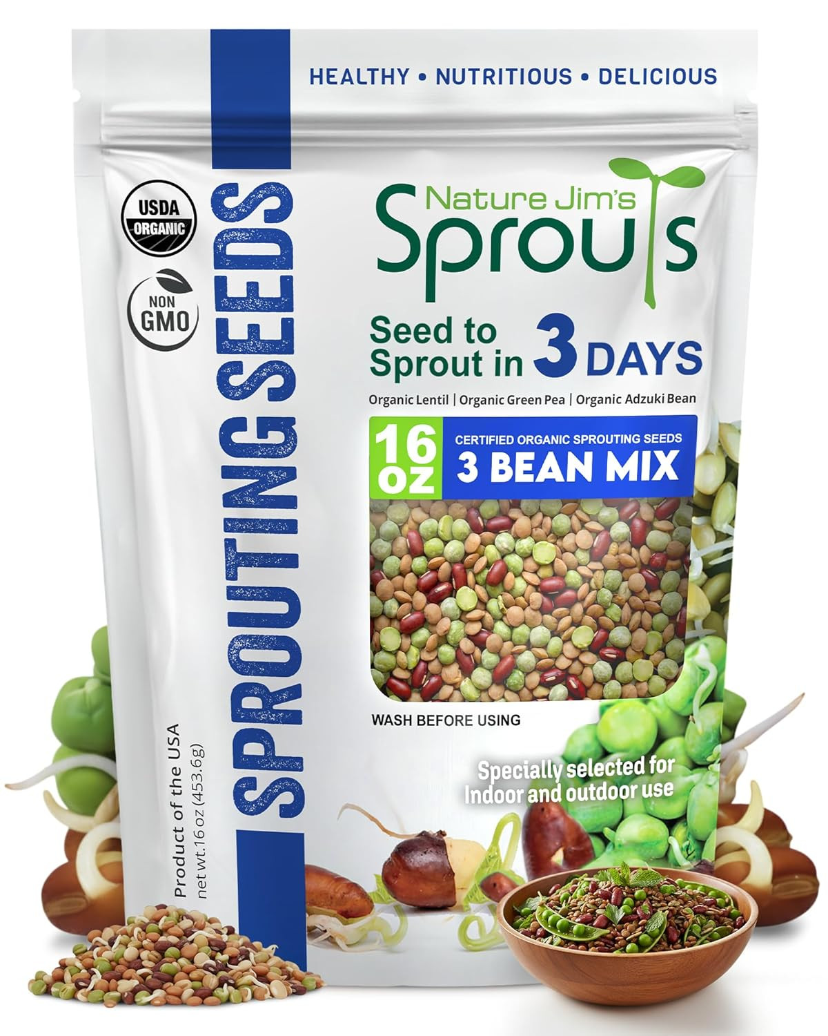 Nature Jim’S Sprouts 3-Bean Seed Mix – Organic Green Peas, Lentils & Adzuki Bean