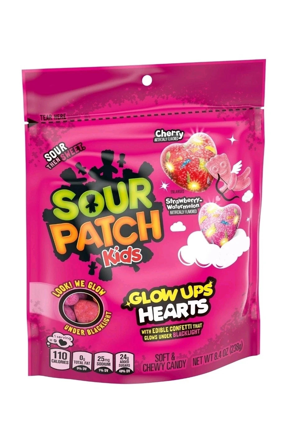 SOUR PATCH KIDS Glow Ups Hearts Soft & Chewy Valentine’s Day Candy, 8.47 Oz