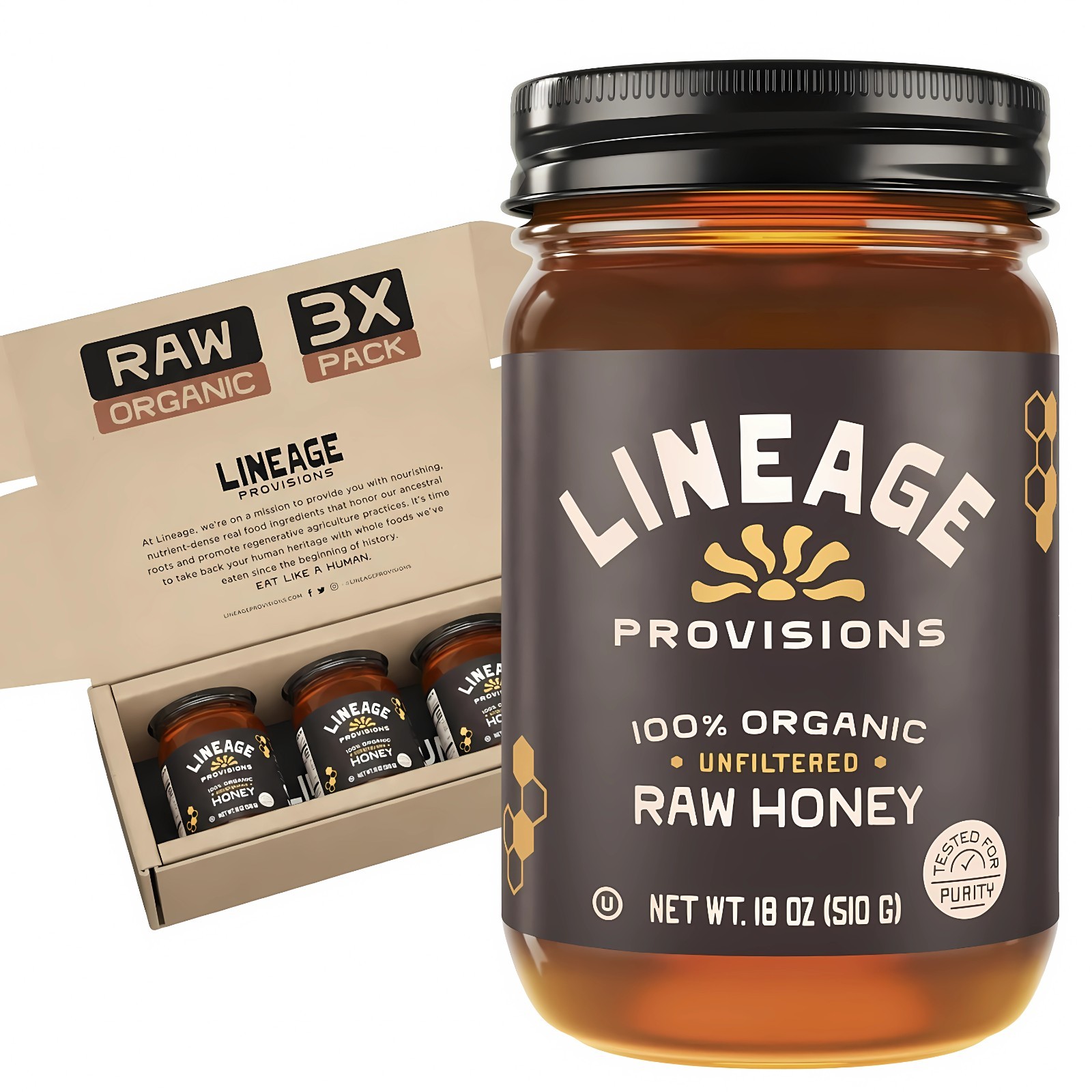 Lineage Provisions 100% Organic Raw Unfiltered Honey Pure 18oz Glass Jars 3-Pack