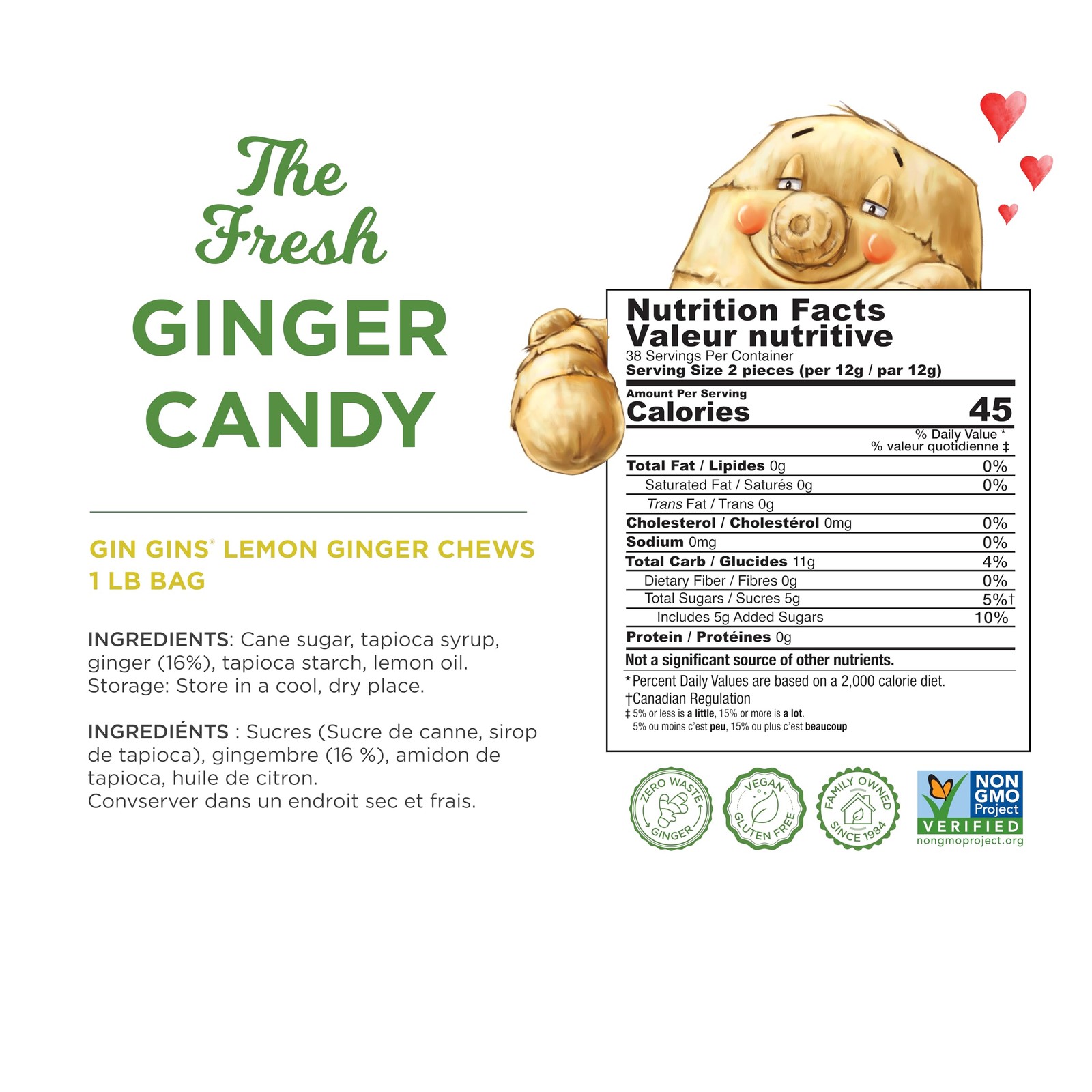 GIN GINS Lemon Ginger Chews Made w/Fresh 1lb 1Pk (Pack of 1)