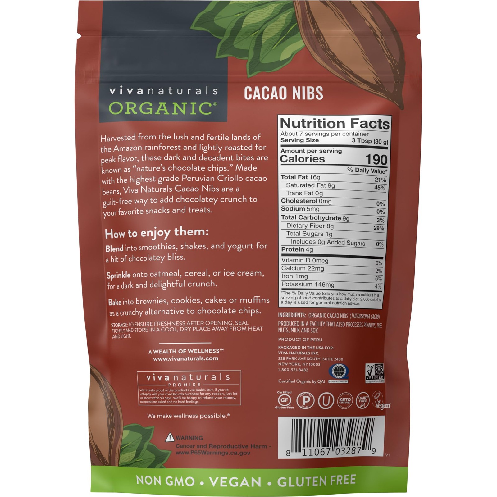Organic Cacao Nibs, Keto Vegan, Unsweetened Chocolate Substitute, Gluten-Free