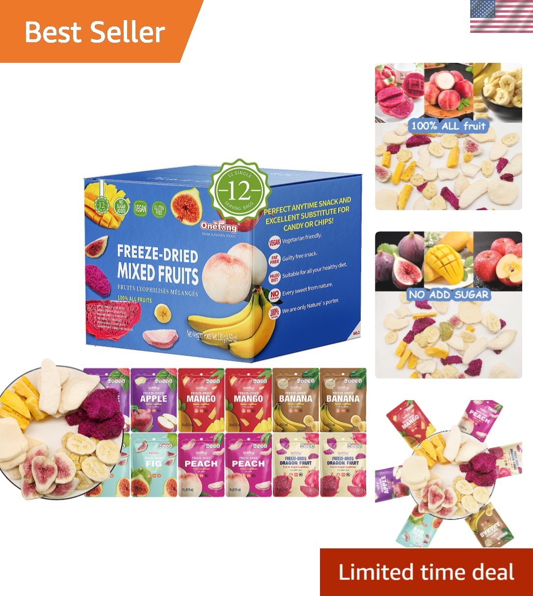 Delicious Freeze-Dried Mixed Fruit Snack, Kosher & , 12 Single-Serve Packs
