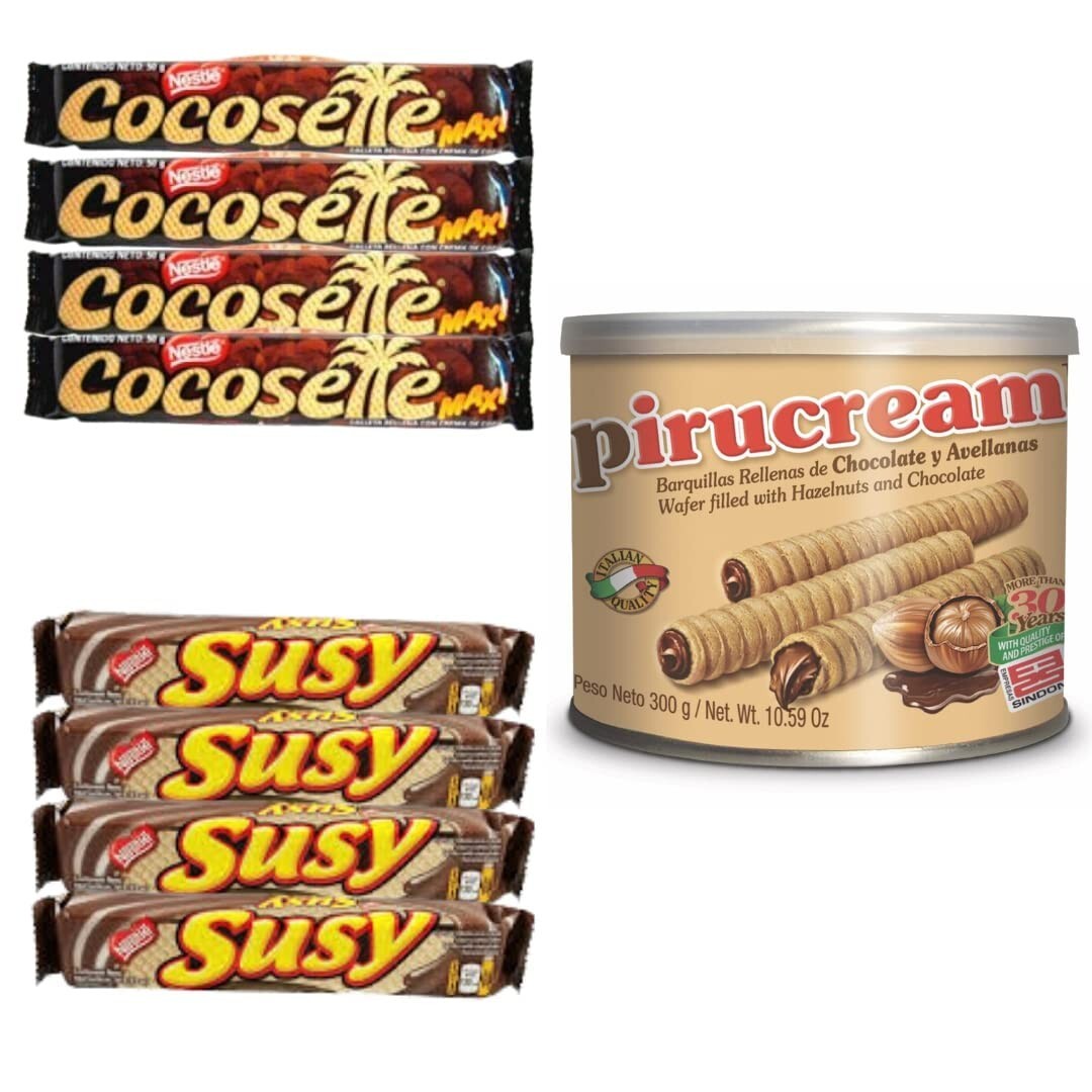 PIRUCREAM Cream Filled Rolled Wafer + COCOSETTE Cookie Wafers + SUSY Wafers