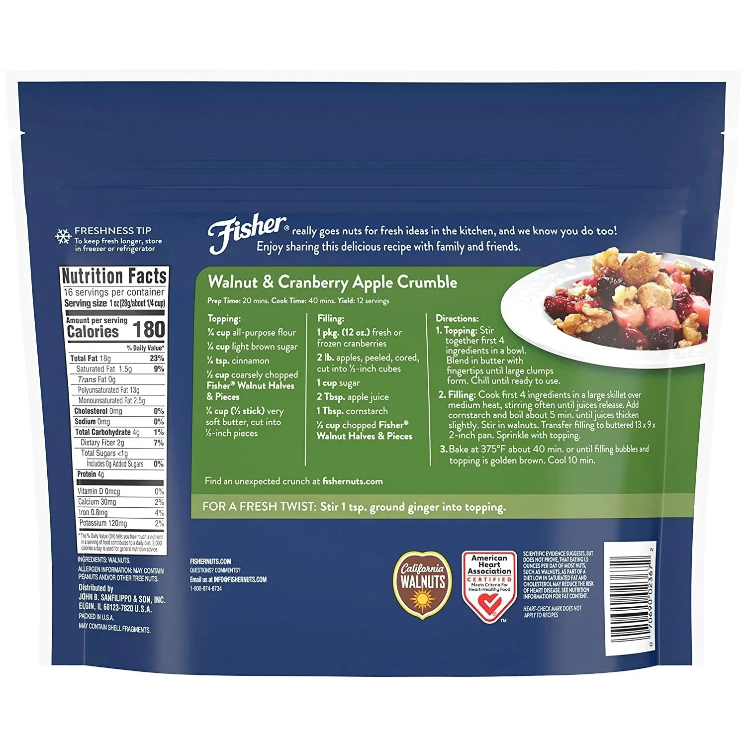 Fisher Chef’s Naturals Gluten Free, Non-GMO Walnut Halves & Pieces, 16 oz Bag