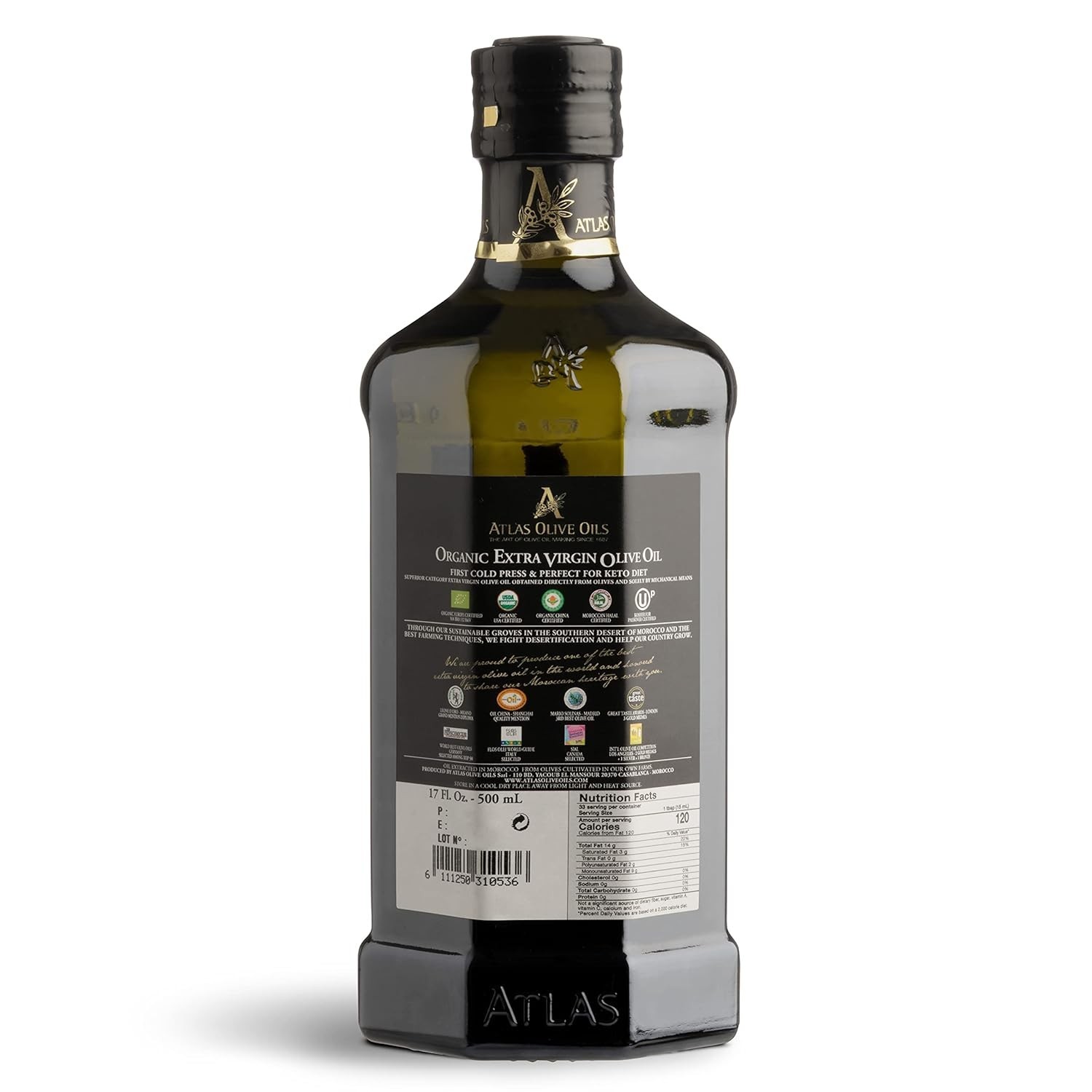 Atlas Organic Cold Pressed Moroccan Extra Virgin Olive Oil, From Morocco, 3 Size
