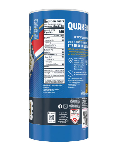Quaker, Quick 1 Minute Oats, Oatmeal, Quick Cook Oatmeal, 42 oz Canister Dry Oat