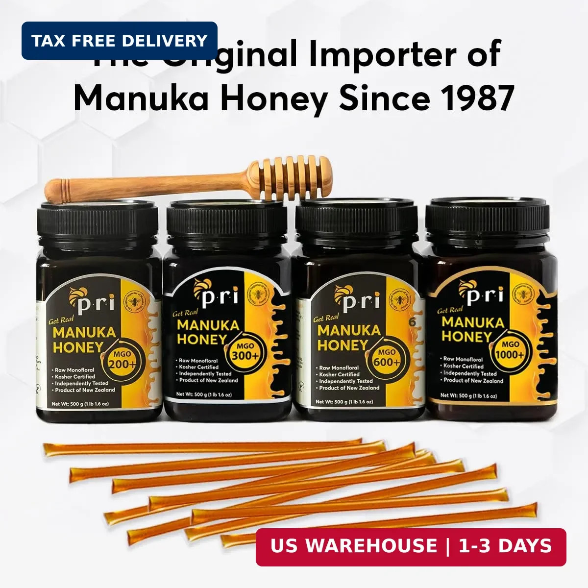 P.R.I Manuka Honey Sticks, Certified MGO 60+, Raw New Zealand Manuka Honey, Perf