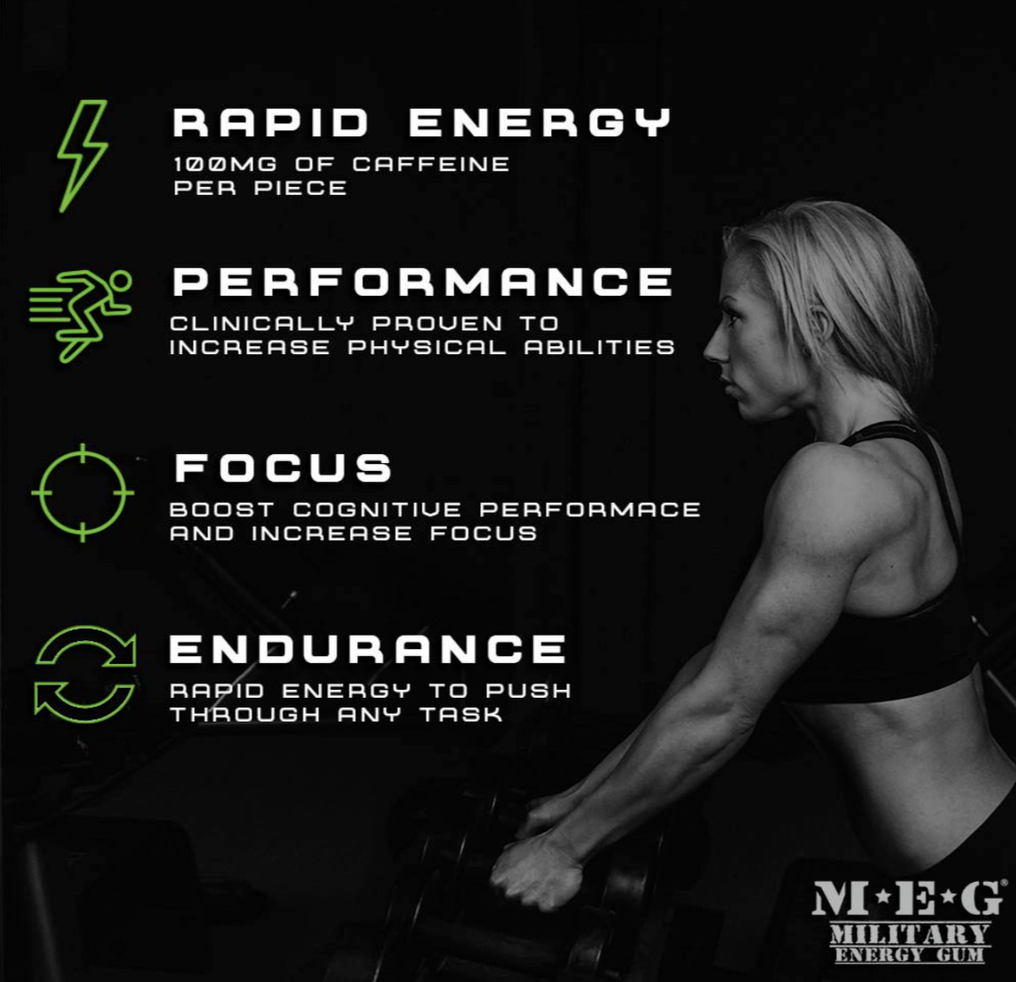 MEG – Military Energy Gum | 100mg of Caffeine Per Piece + Increase Energy + B…