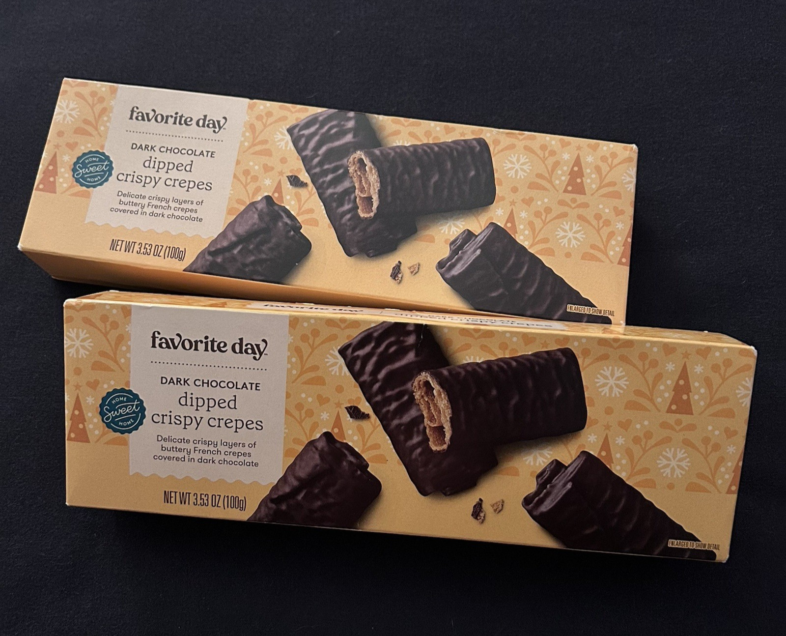 Two Boxes of Favorite Day Dark Chocolate Dipped Crispy Crapes Buttery Crapes