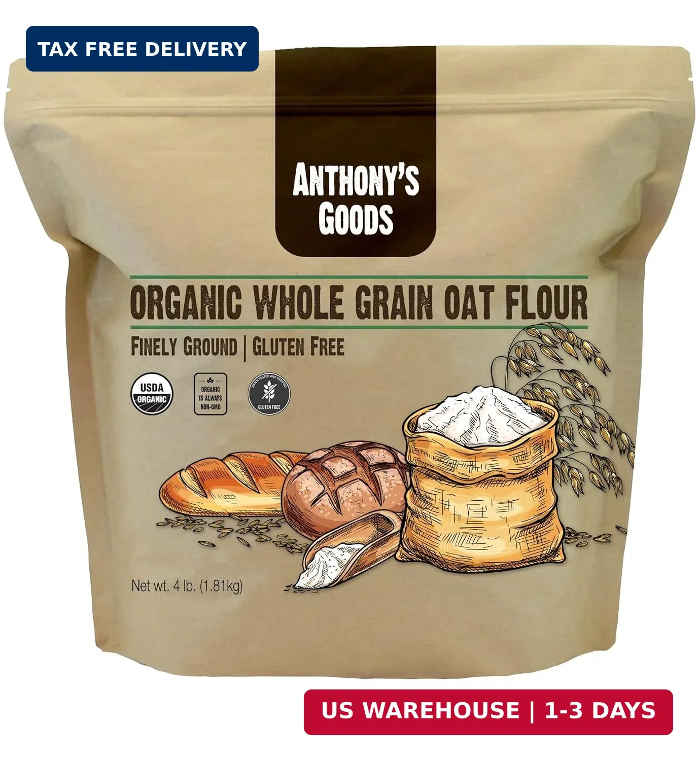 Anthony’s Organic Whole Grain Oat Flour, 4 lb, Gluten Free, Non GMO, Non Irradia
