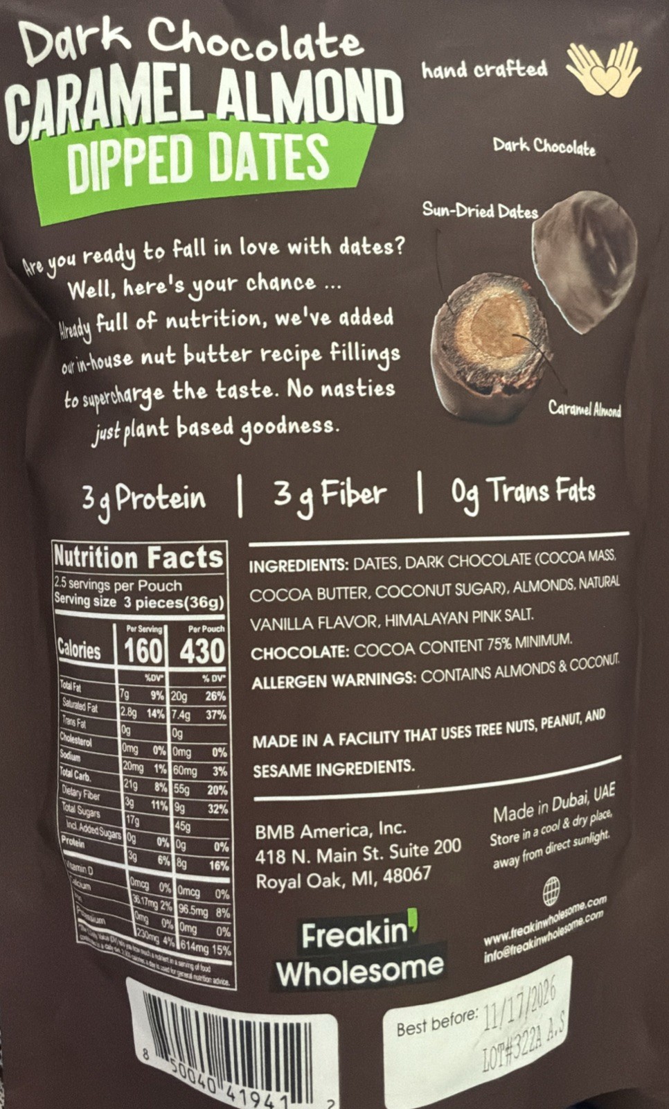 3 Freakin Wholesome Caramel Almond Dark Chocolate Dipped Dates Bites 3.38 Oz Yum
