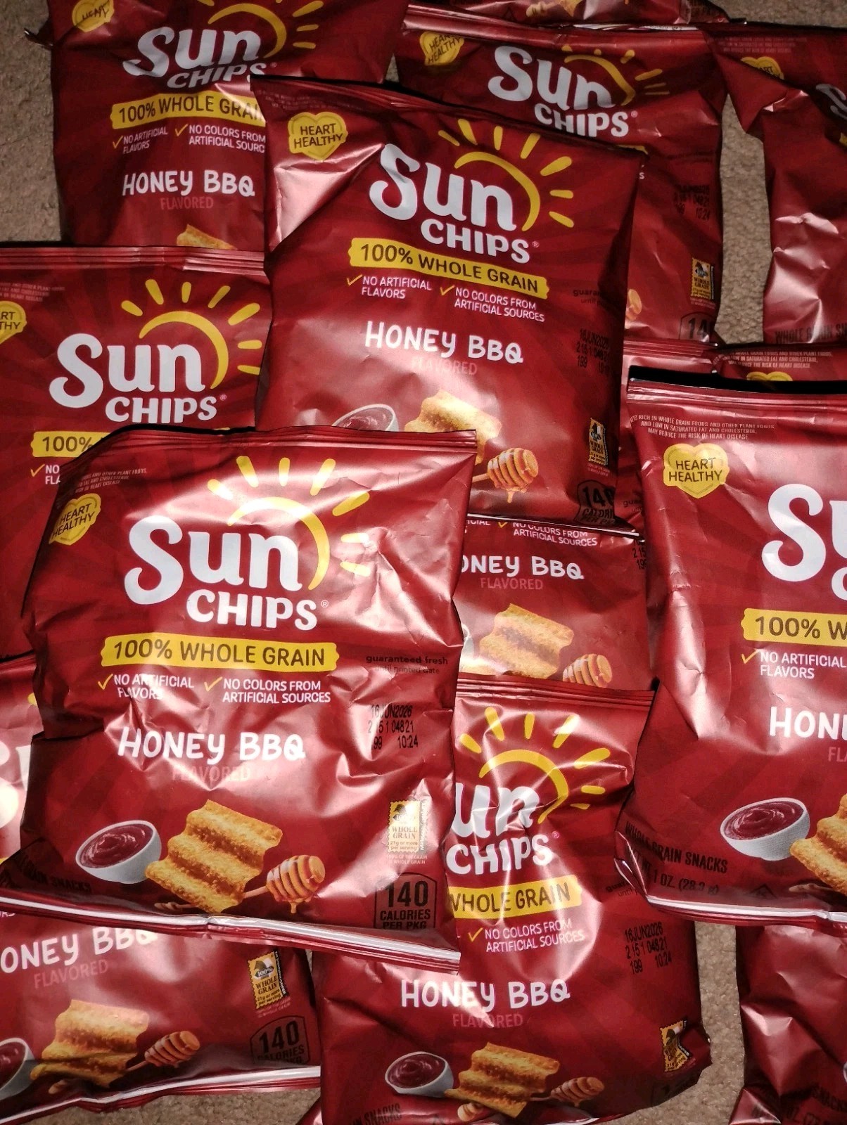 (14) Bags Of Sun Chips Honey BBQ! 100% Whole Grain! 1 Oz Bags! 6/26