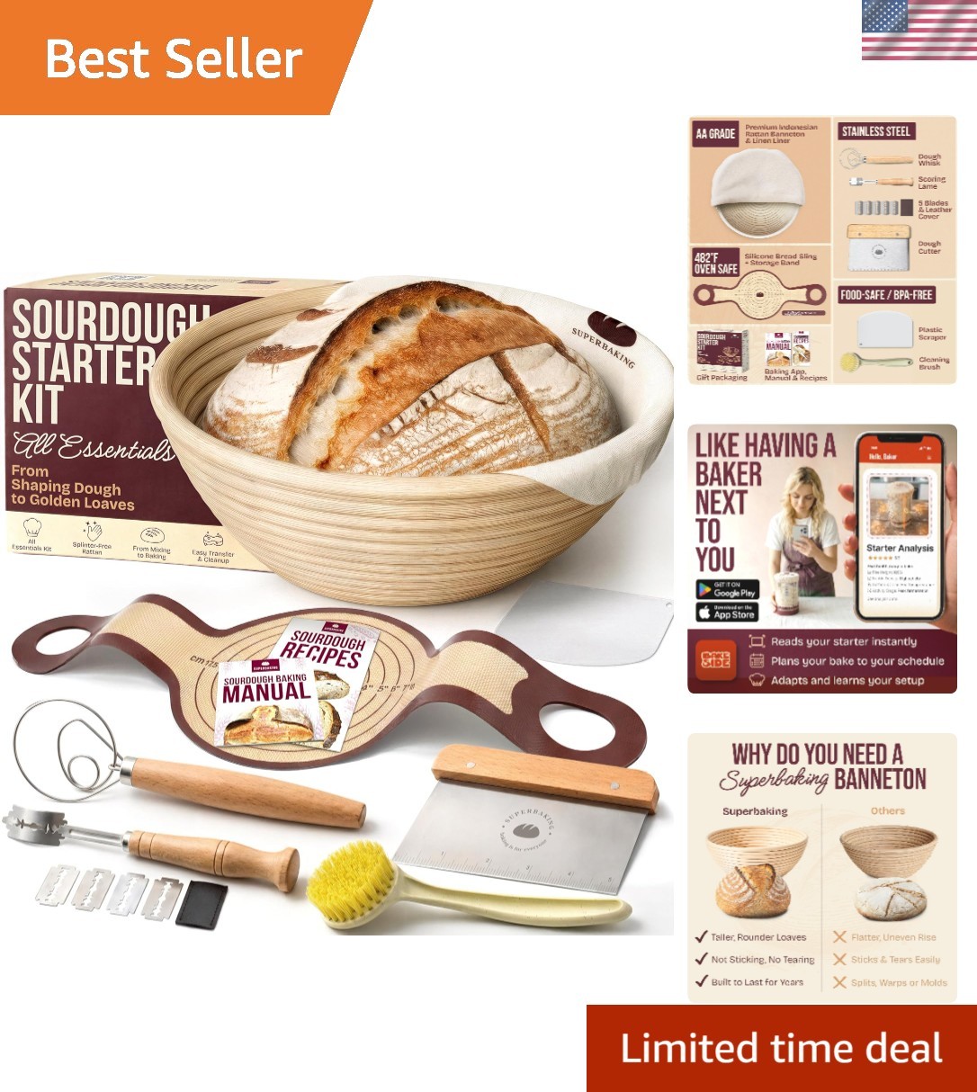 Sourdough Baking Kit: Rattan Basket, Silicone Sling & 10 Essential Tools
