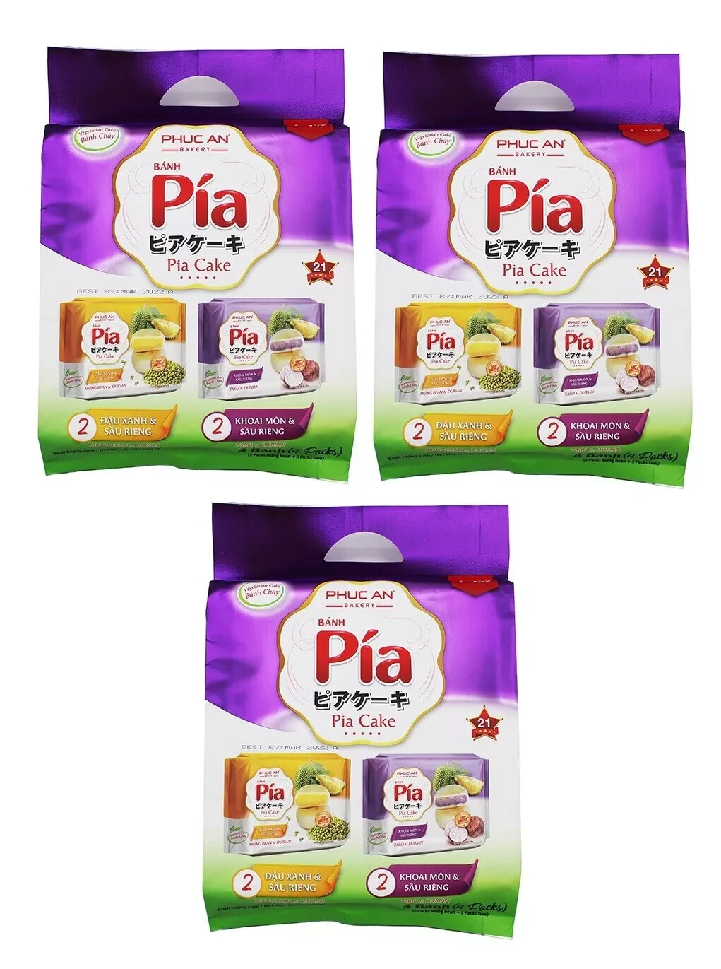 3 (pack) Banh Pia – Pia Cake (Mung Bean/Taro & Durian), 4ea/pack