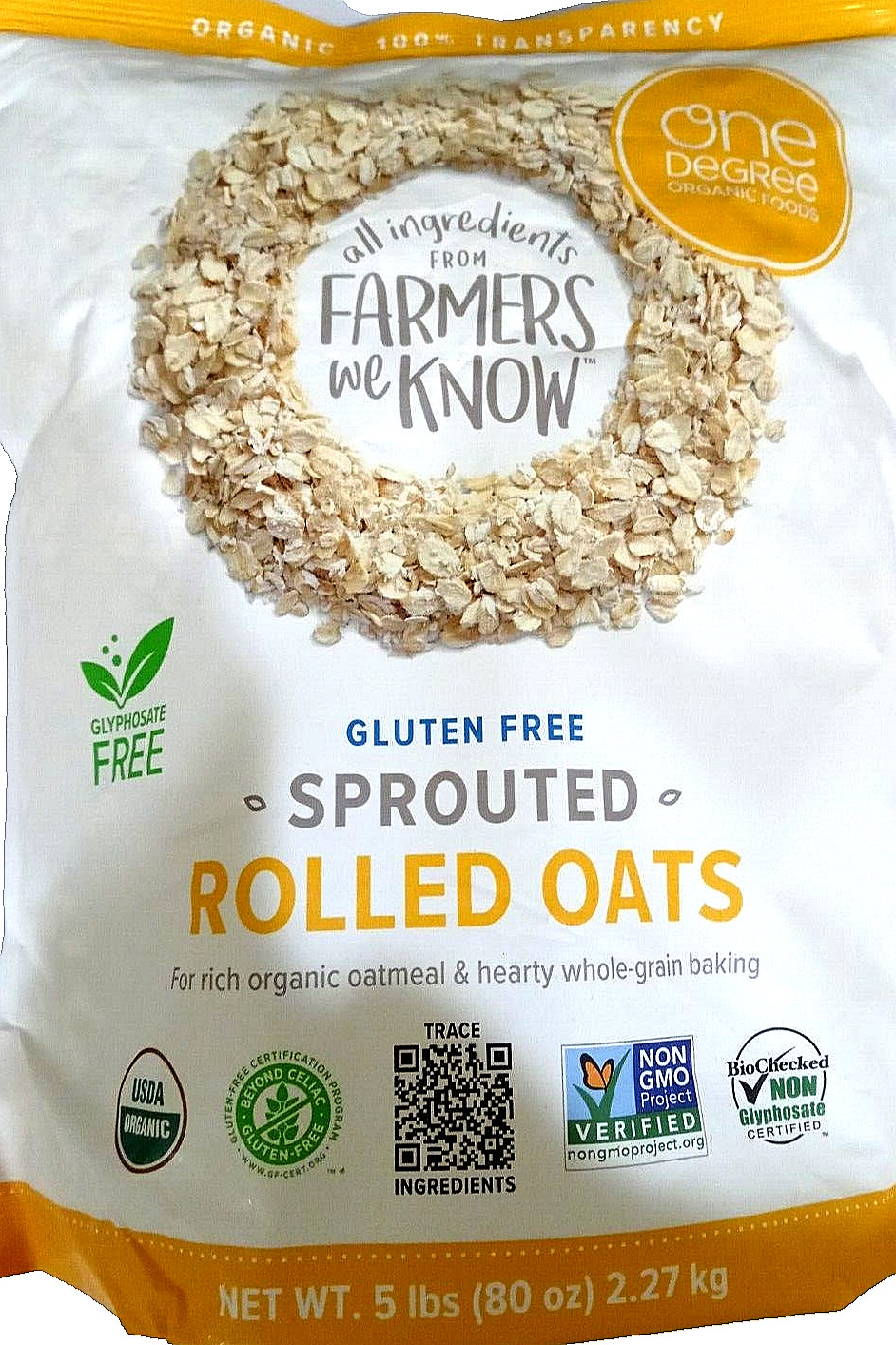 One Degree Organic Gluten Free Sprouted Rolled Oats 5 lbs (80 oz) EXP 07/2025