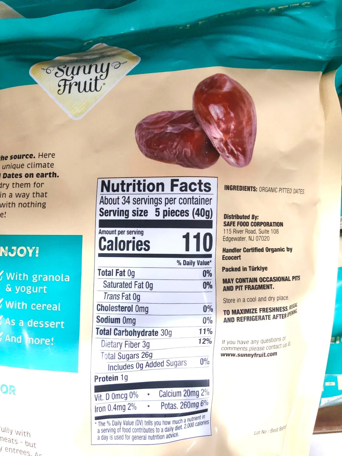 2 Pack Sunny Fruit Organic Sun-Dried Dates Pitted Deglet Nour 48 oz each XL bag