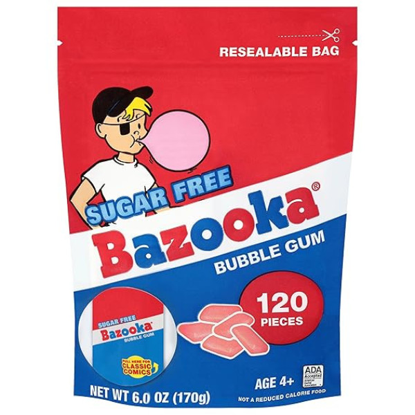 Bazooka Sugar-Free Bubble Gum Pellets Bag – 120 Count Bulk Gum, Original Flavor